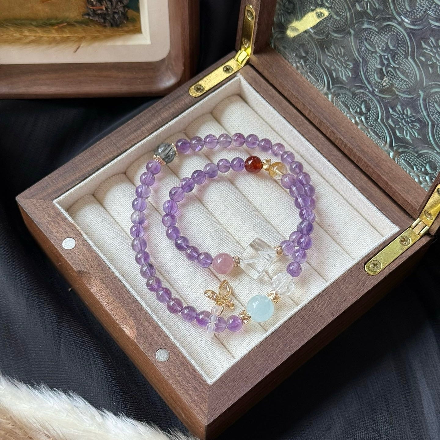 Amethyst and Madagascar Rose Quartz Bracelet with Aquamarine