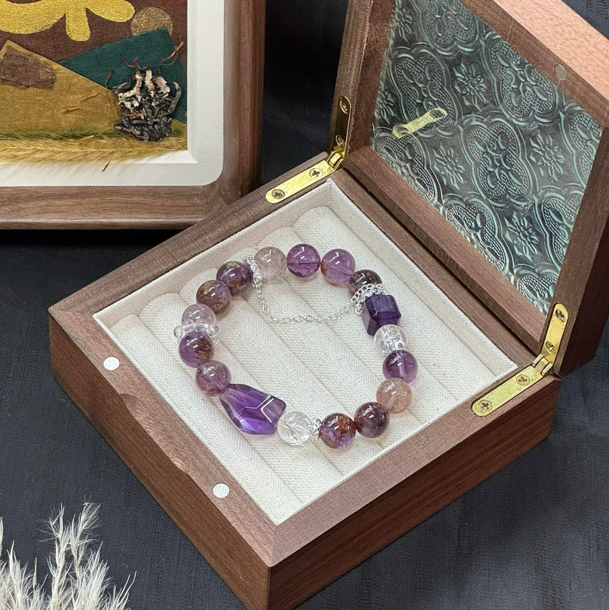 Purple Phantom Quartz and Amethyst Bracelet with White Azeztulite