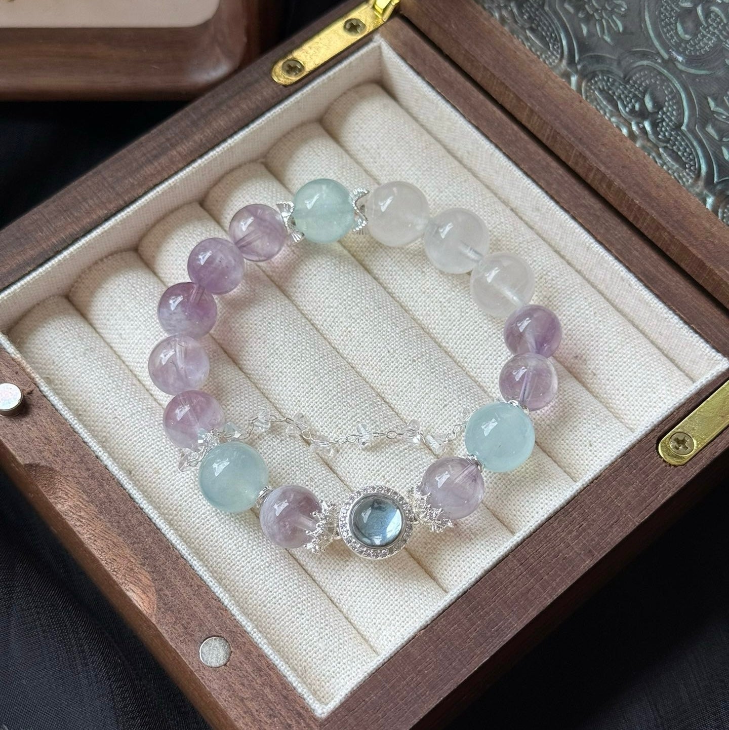 Purple Rutilated Quartz and Phantom Quartz Bracelet with Aquamarine