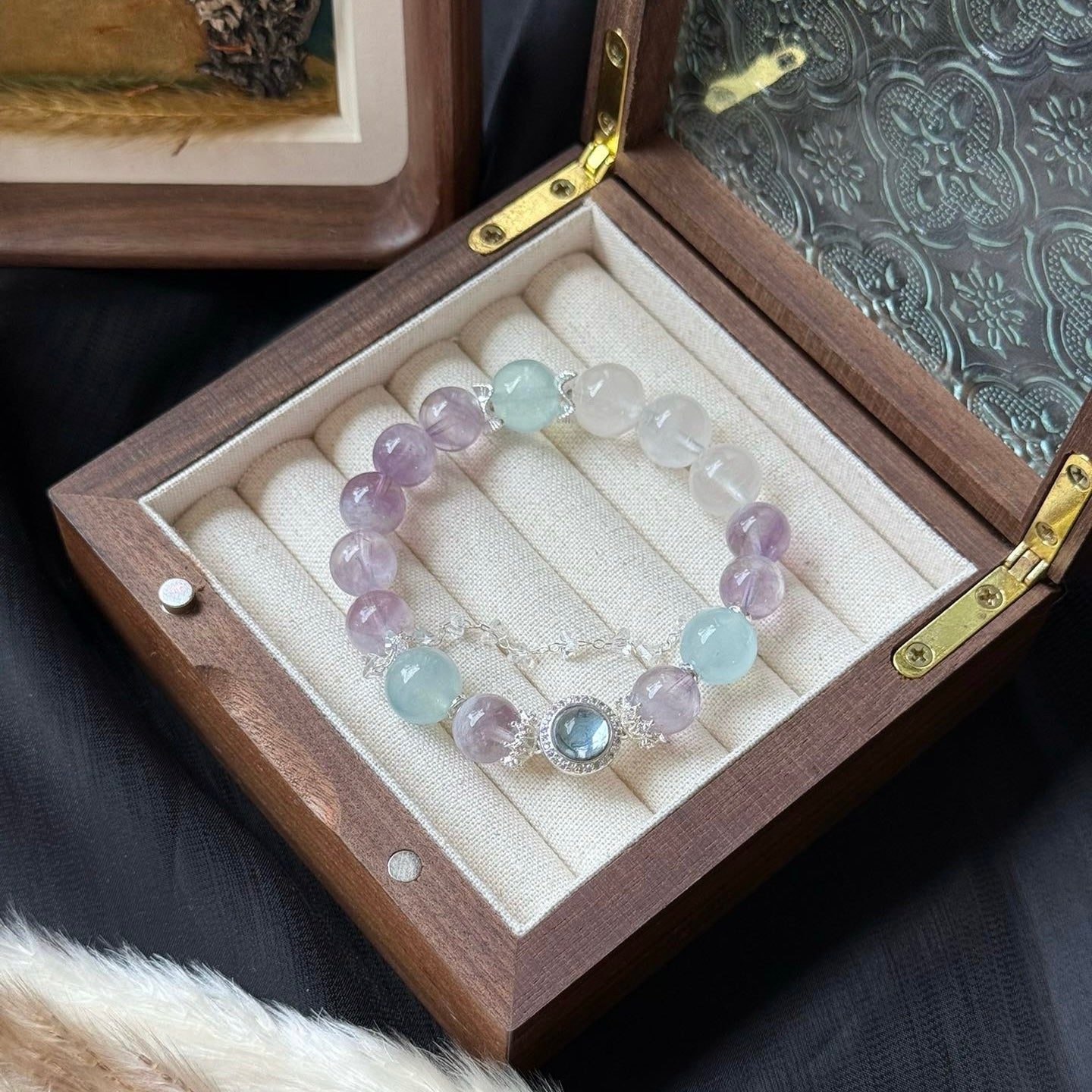 Purple Rutilated Quartz and Phantom Quartz Bracelet with Aquamarine