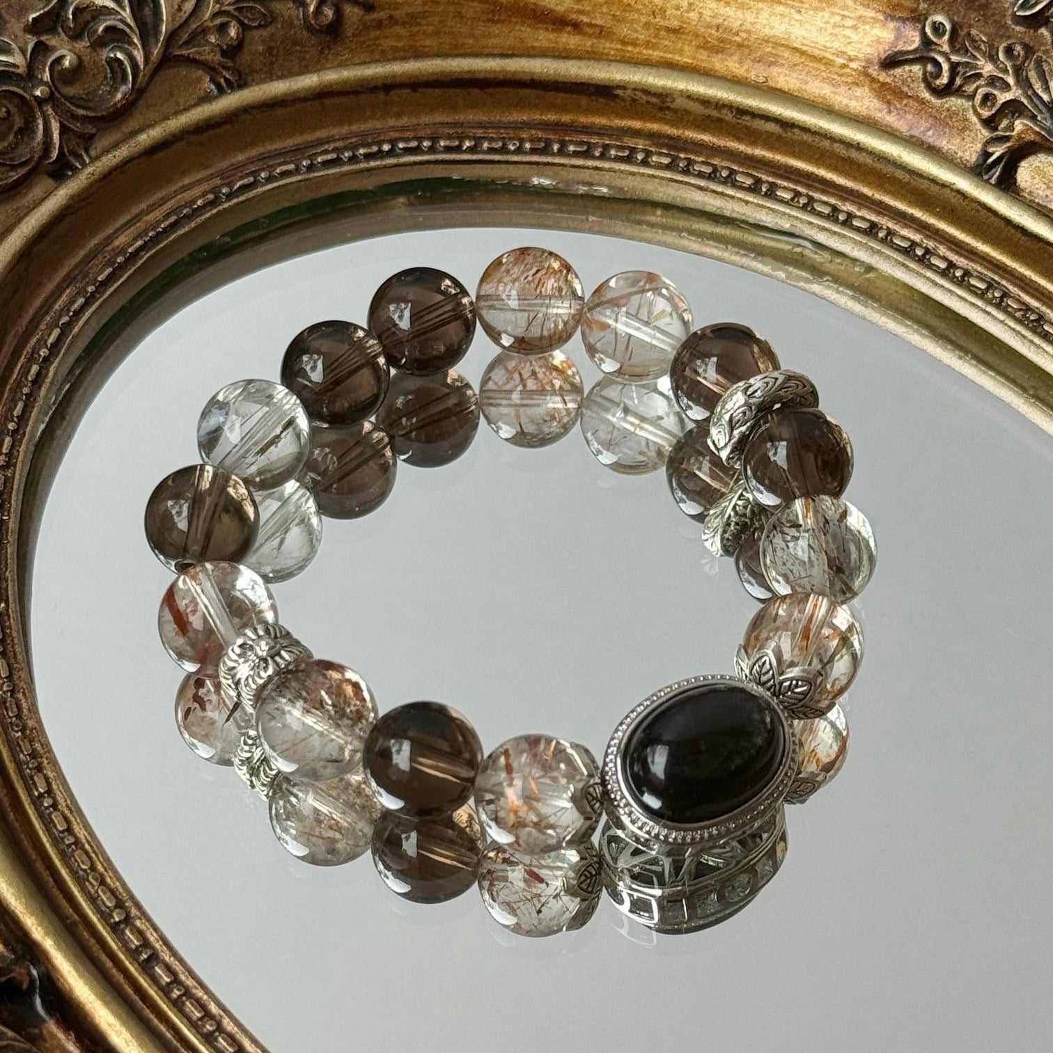 Smoky Quartz and Tourmaline Quartz Bracelet with Silver Obsidian