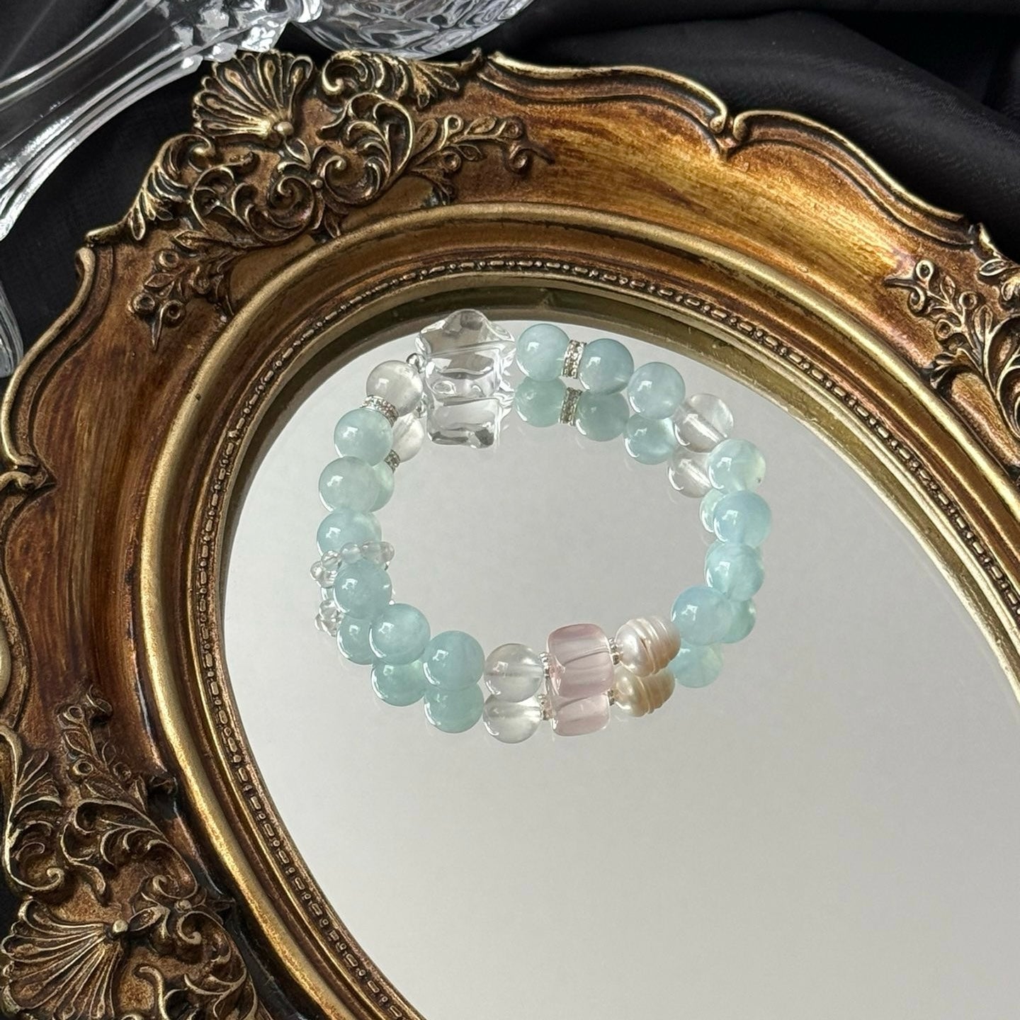 Aquamarine and Phantom Quartz Bracelet with Natural Pearl