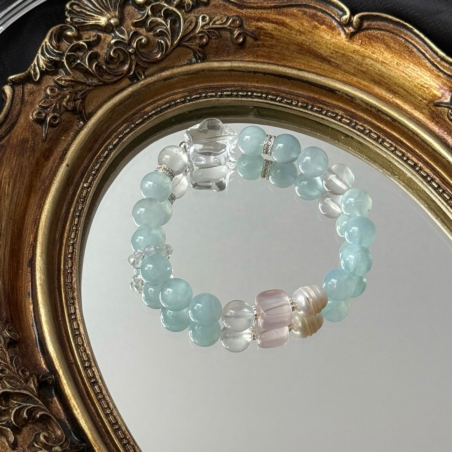 Aquamarine and Phantom Quartz Bracelet with Natural Pearl