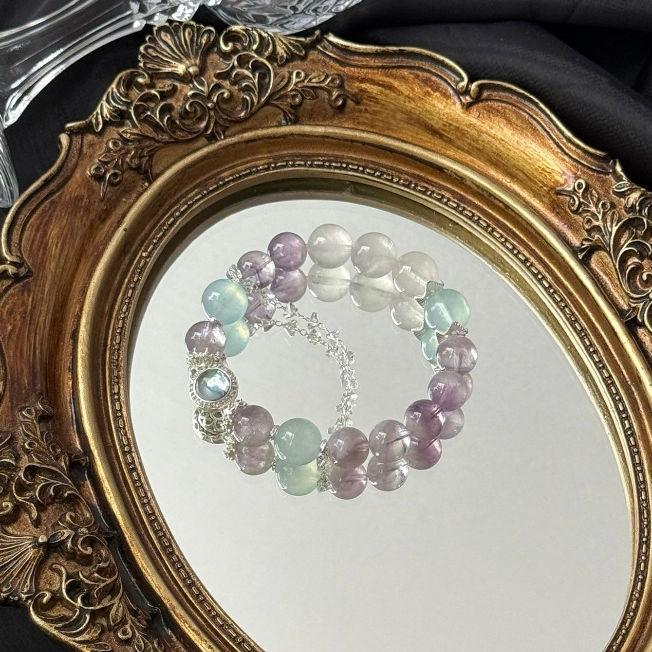 Purple Rutilated Quartz and Phantom Quartz Bracelet with Aquamarine