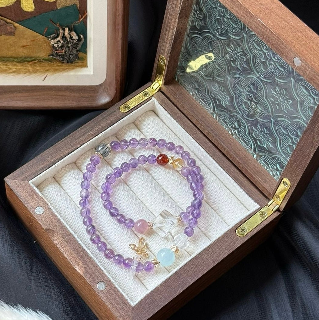 Amethyst and Madagascar Rose Quartz Bracelet with Aquamarine