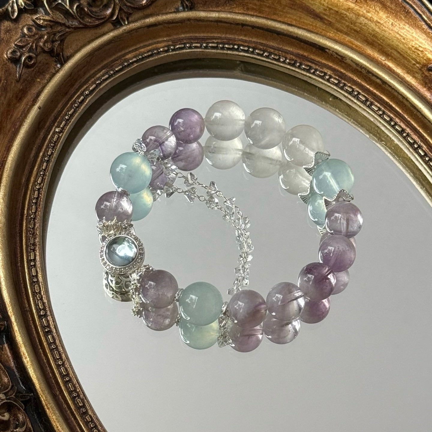 Purple Rutilated Quartz and Phantom Quartz Bracelet with Aquamarine