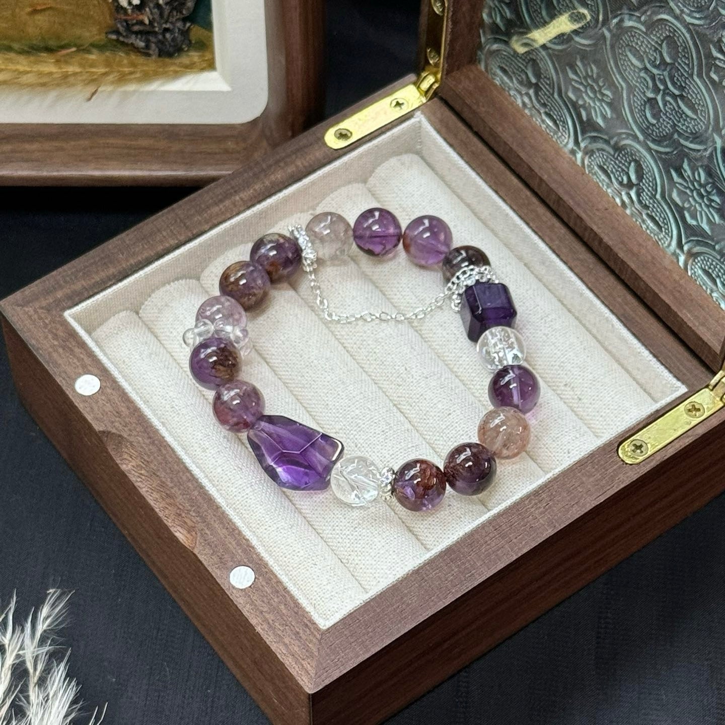 Purple Phantom Quartz and Amethyst Bracelet with White Azeztulite