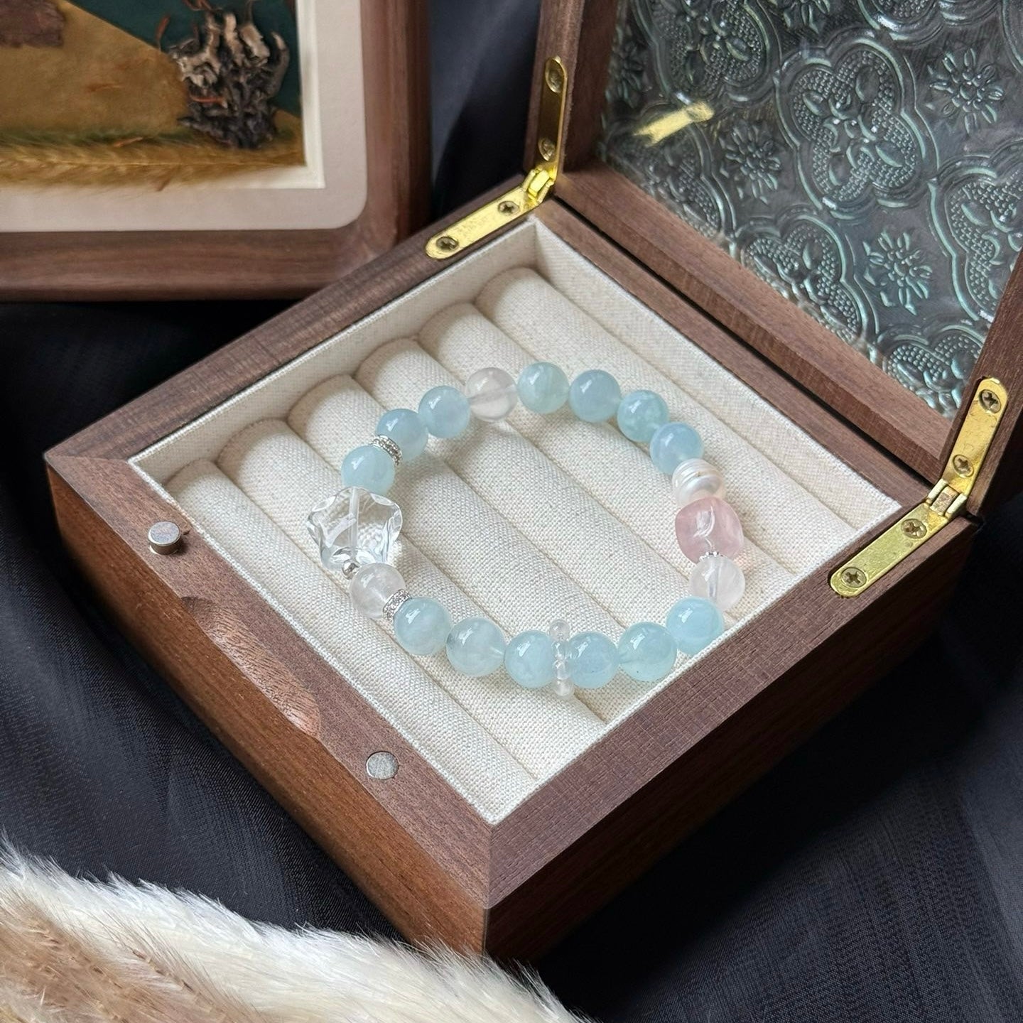 Aquamarine and Phantom Quartz Bracelet with Natural Pearl