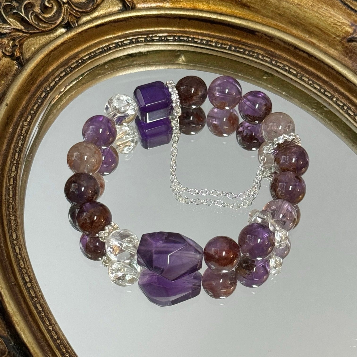 Purple Phantom Quartz and Amethyst Bracelet with White Azeztulite