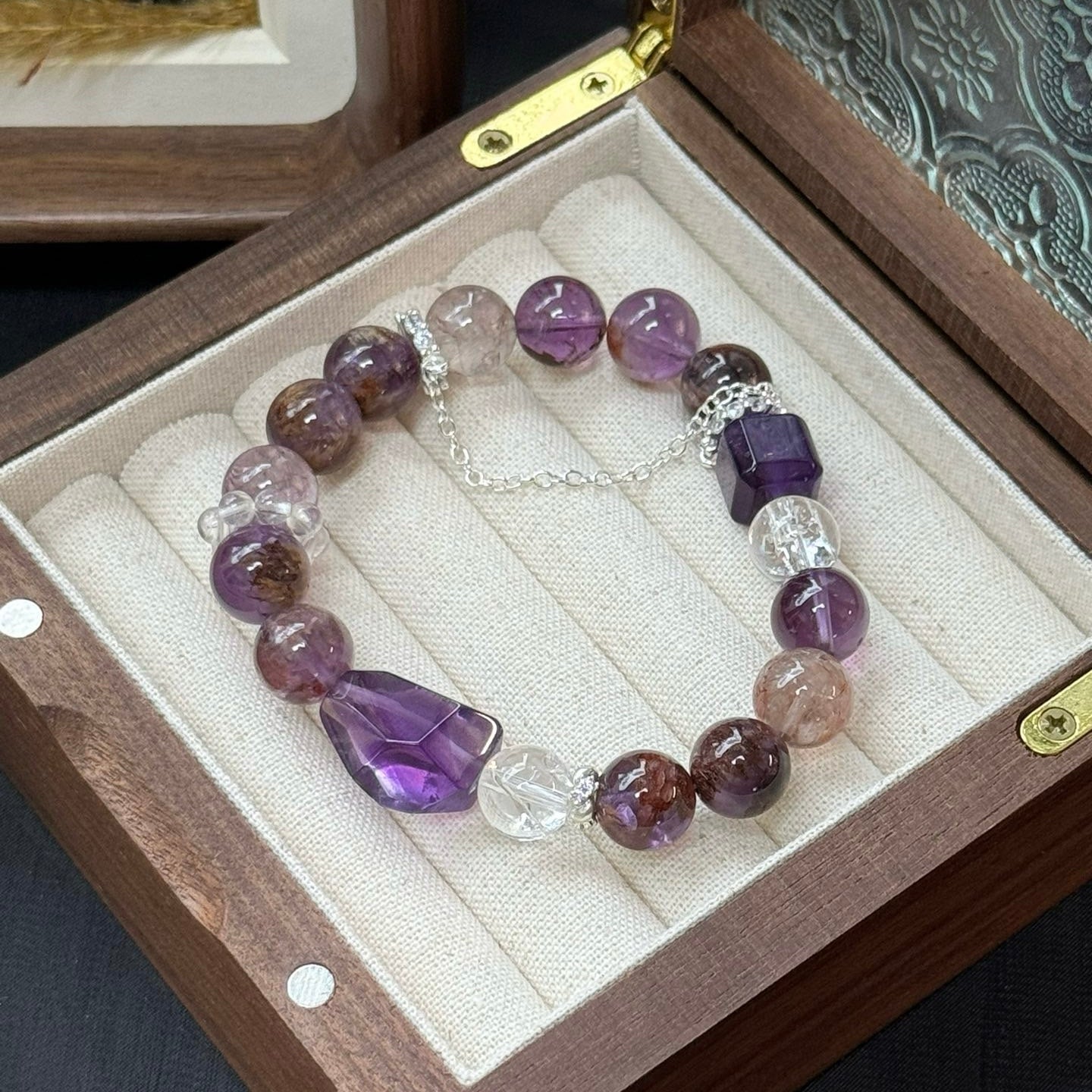 Purple Phantom Quartz and Amethyst Bracelet with White Azeztulite