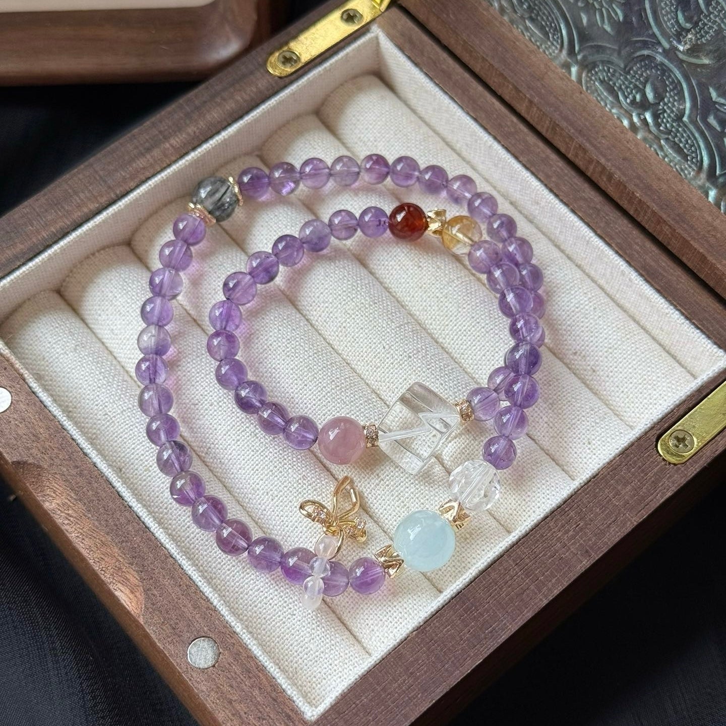 Amethyst and Madagascar Rose Quartz Bracelet with Aquamarine