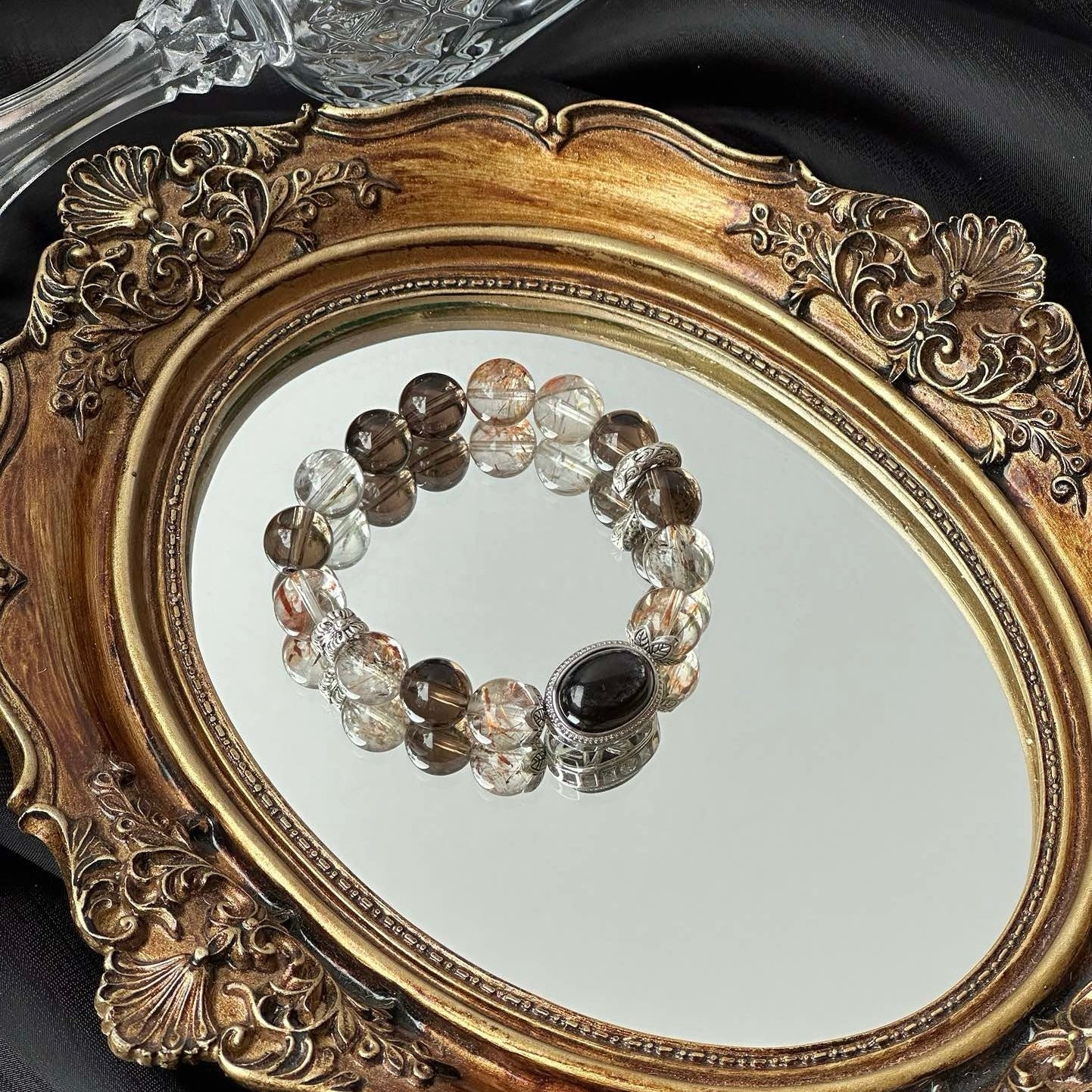 Smoky Quartz and Tourmaline Quartz Bracelet with Silver Obsidian