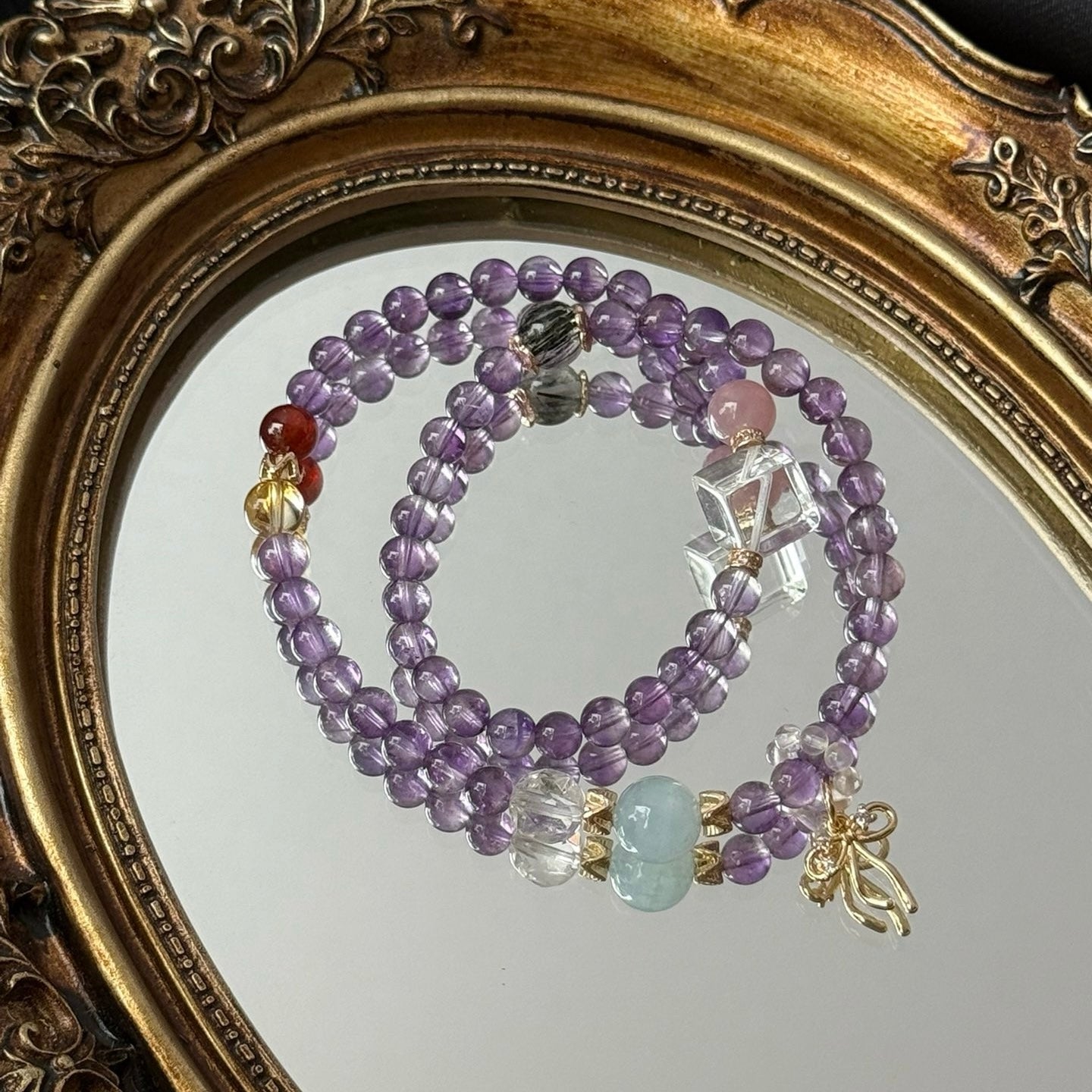 Amethyst and Madagascar Rose Quartz Bracelet with Aquamarine