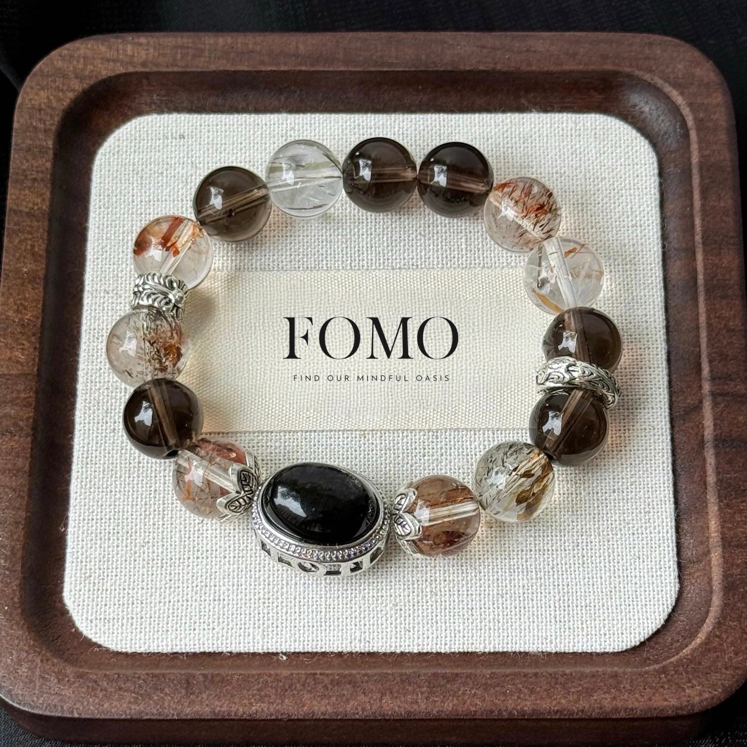 Smoky Quartz and Tourmaline Quartz Bracelet with Silver Obsidian