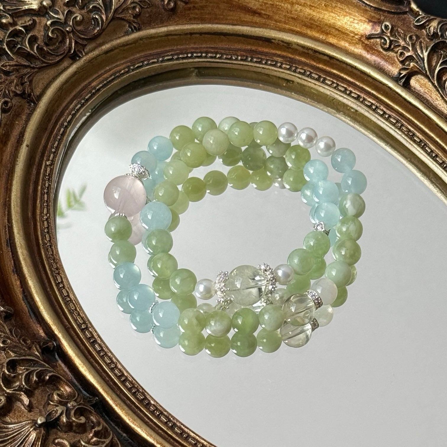 Green Grape Jade and Aquamarine Bracelet with Phantom Quartz