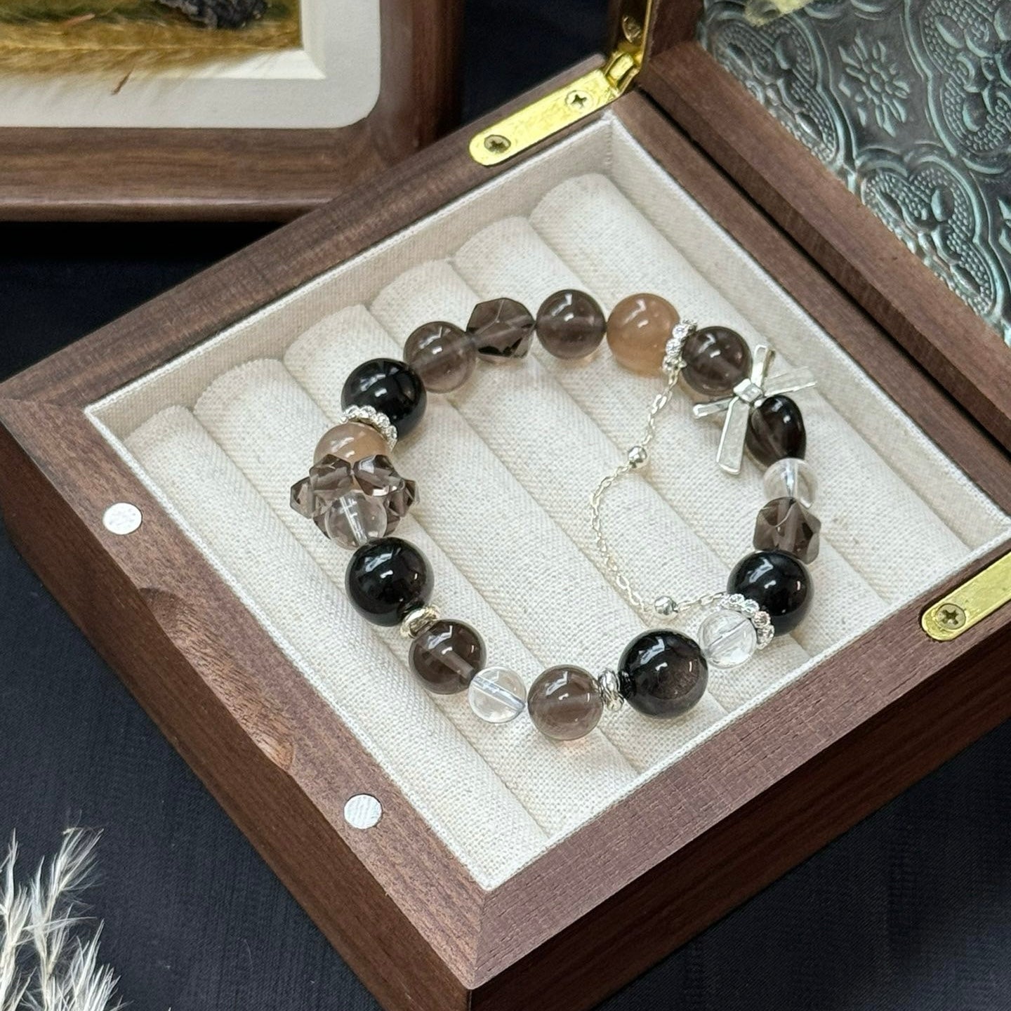 Silver Obsidian and Smoky Quartz Bracelet with Peach Moonstone