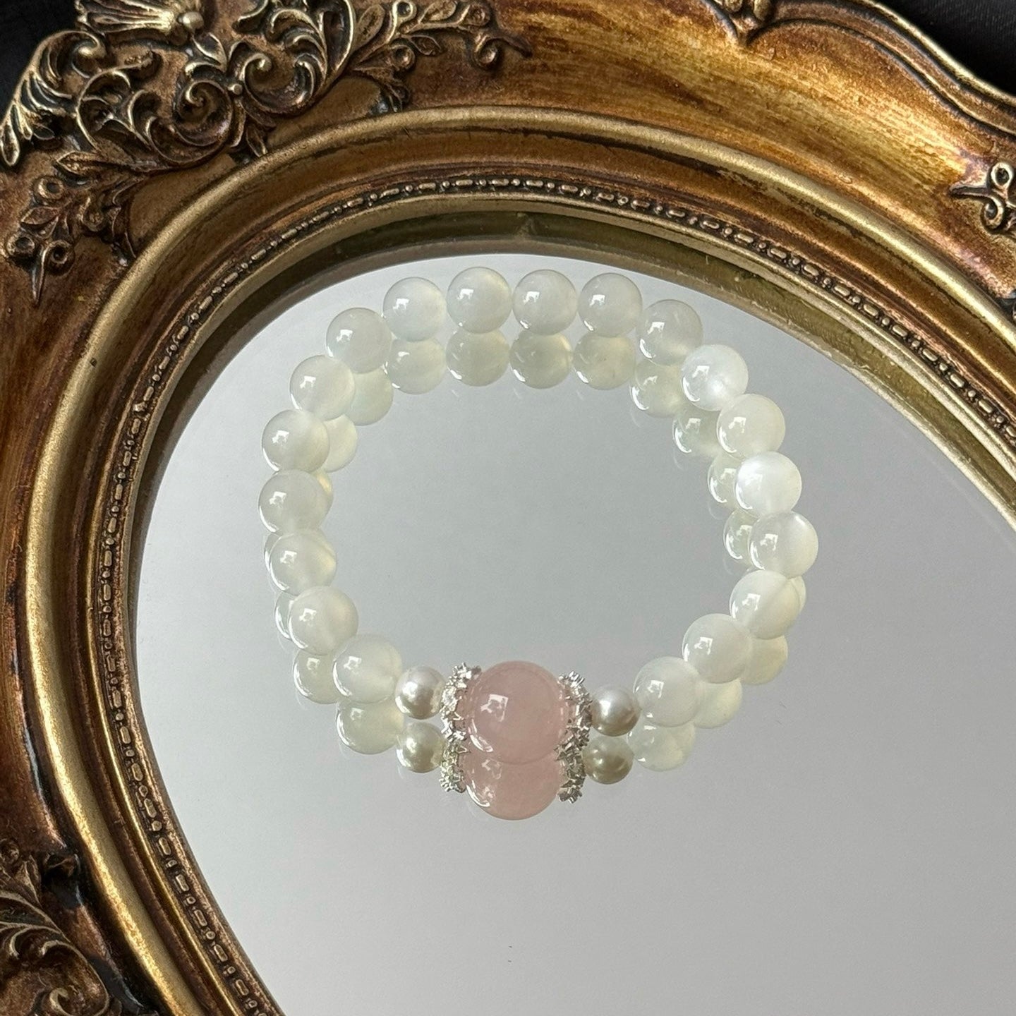 Wihte Moonstone and Rose Quartz Bracelet with Natural Pearl