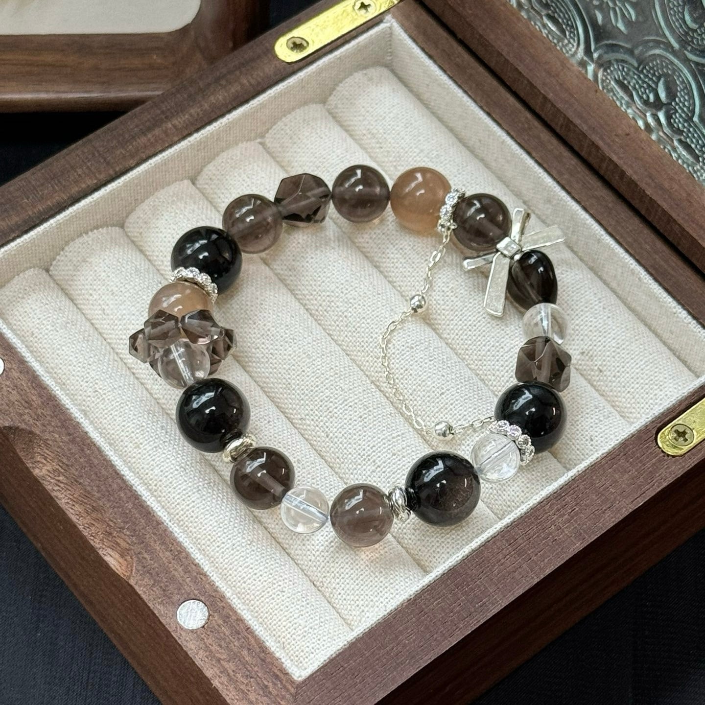 Silver Obsidian and Smoky Quartz Bracelet with Peach Moonstone