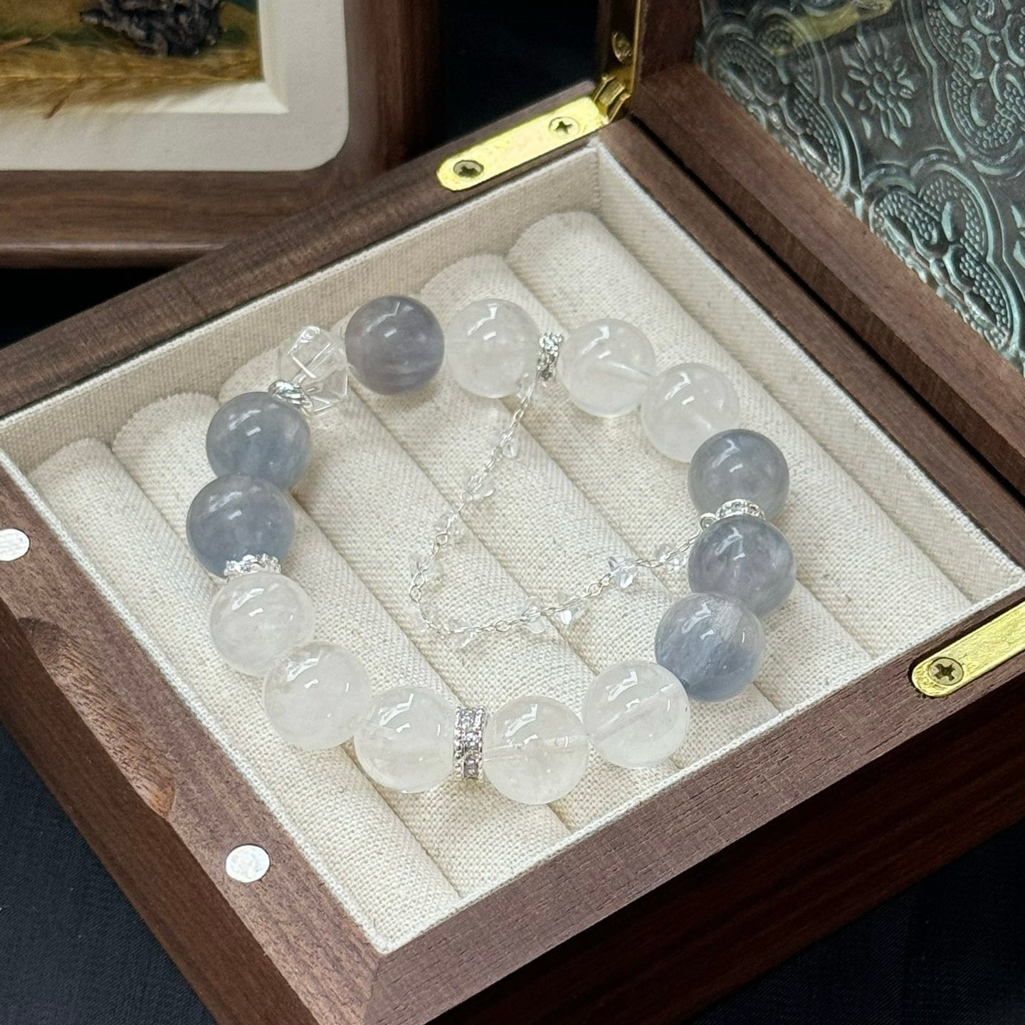 Blue Fluorite and Phantom Quartz Bracelet with Clear Quartz