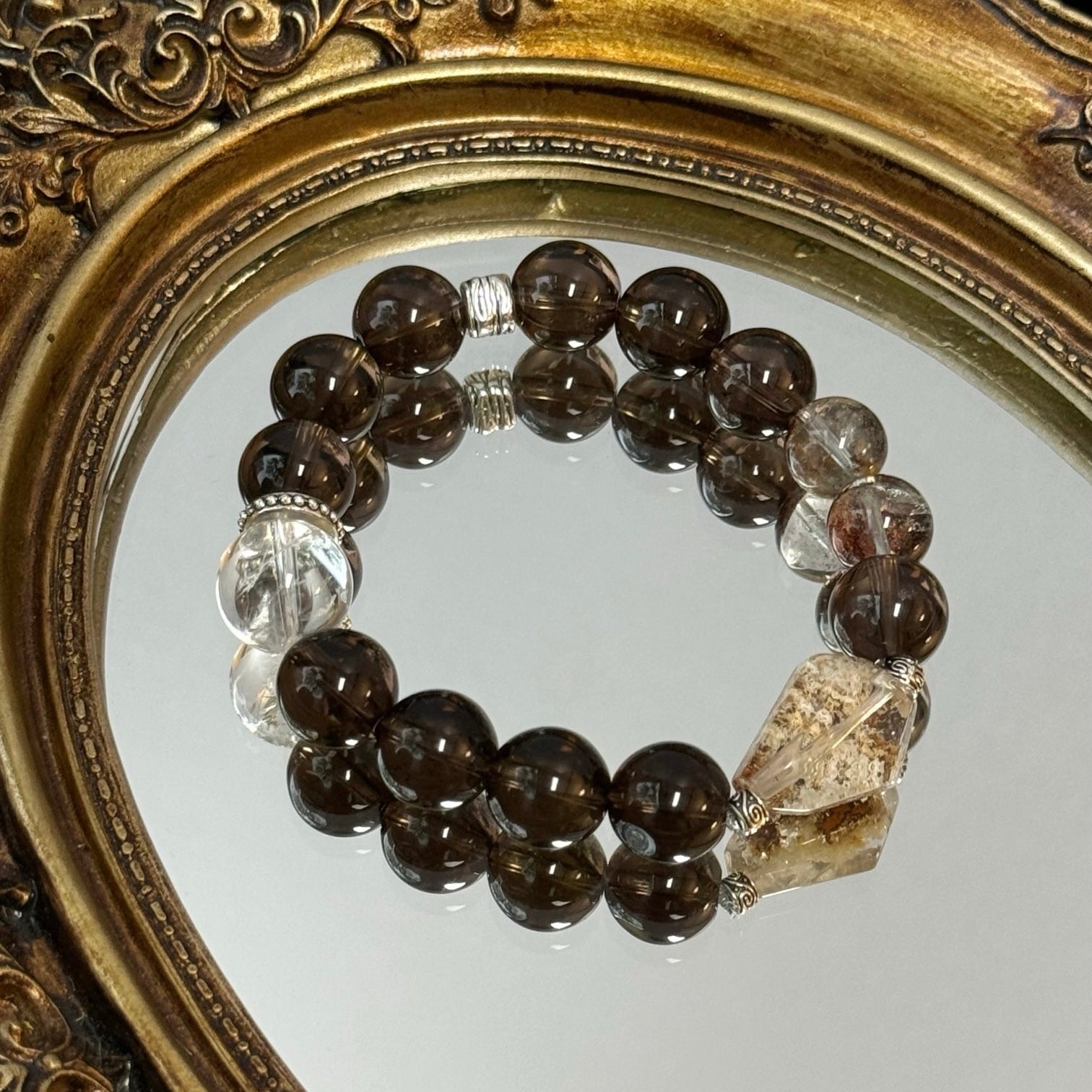 Smoky Quartz and Phantom Crystal Bracelet with White Azeztulite