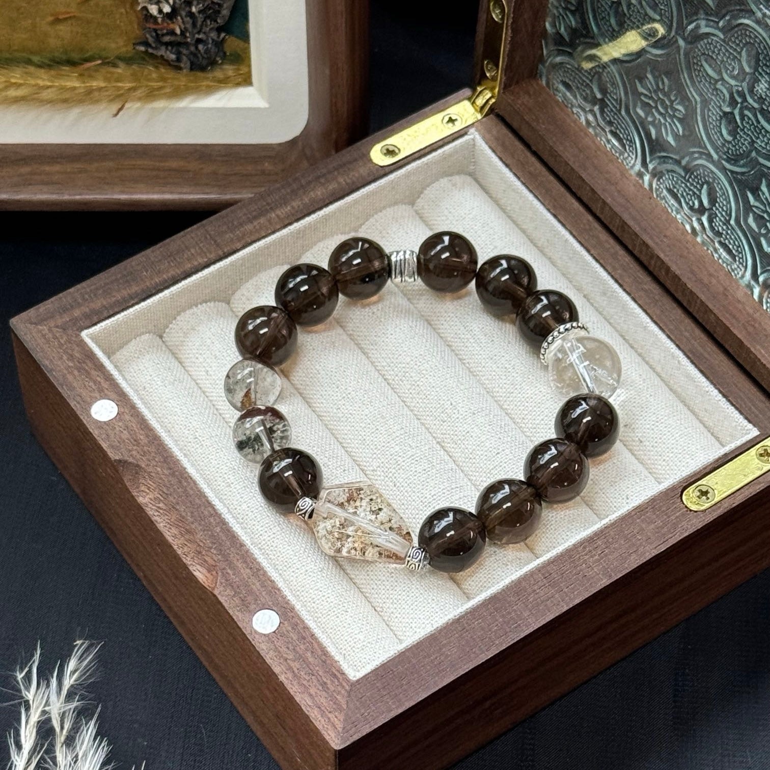 Smoky Quartz and Phantom Crystal Bracelet with White Azeztulite