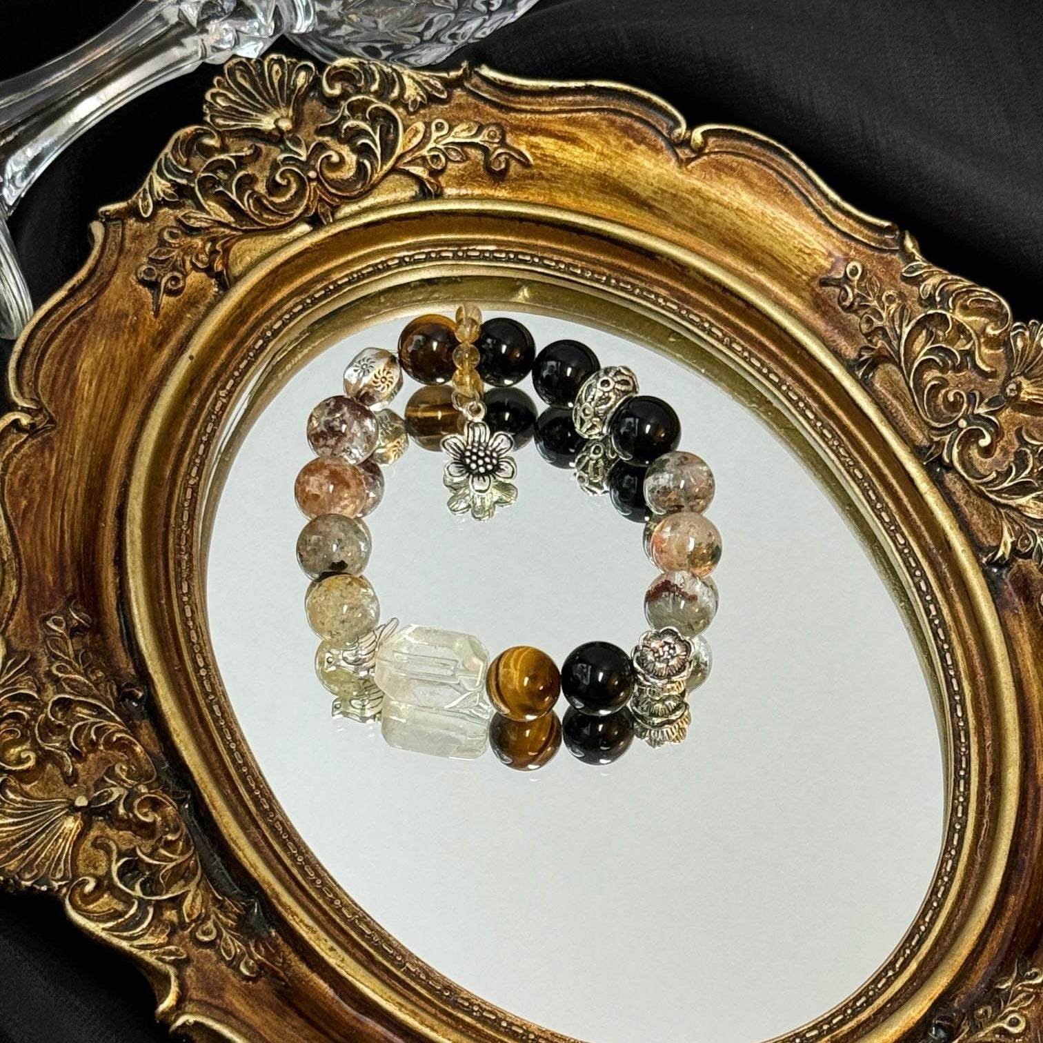 Golden Tiger's Eye and Phantom Quartz Bracelet with Obsidian