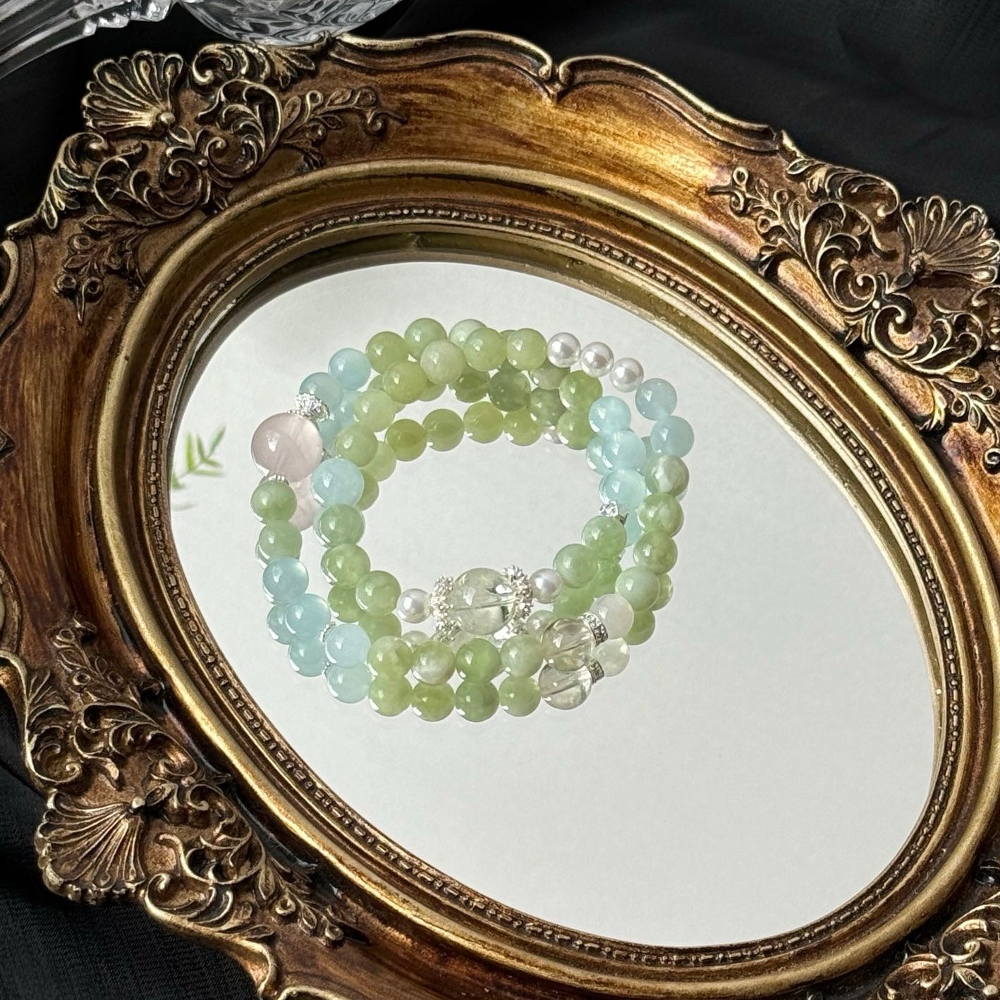 Green Grape Jade and Aquamarine Bracelet with Phantom Quartz