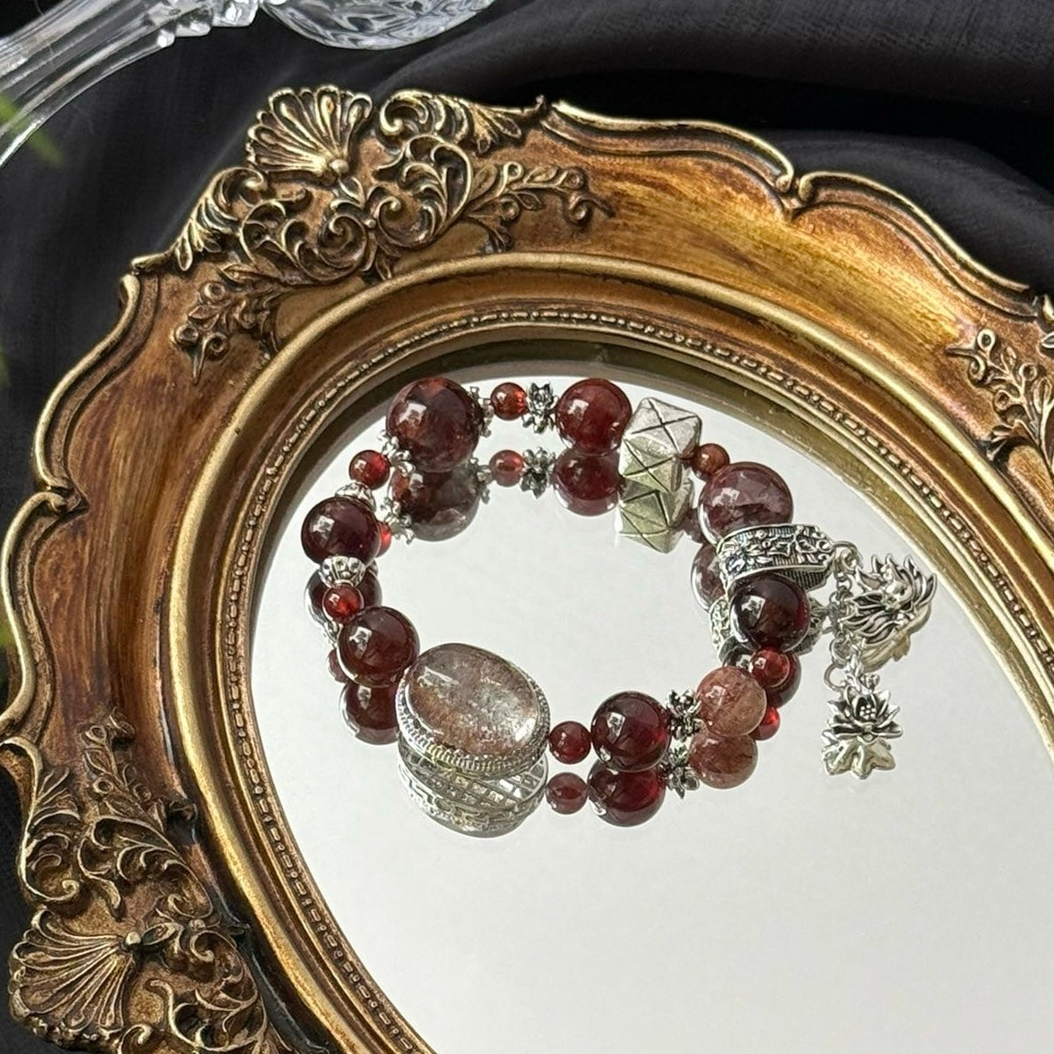 Red Garnet and Hematoid Quartz Bracelet with Phantom Quartz