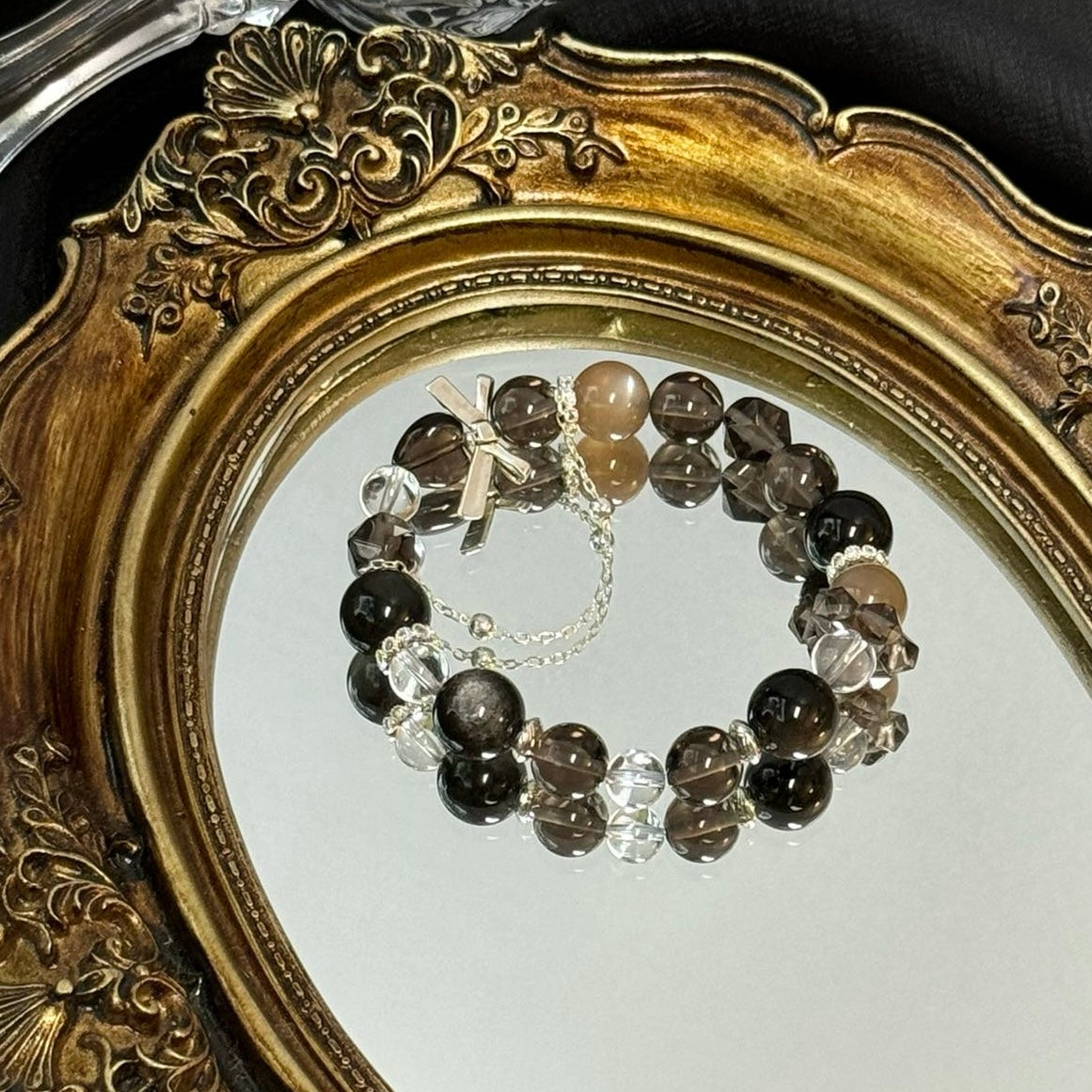 Silver Obsidian and Smoky Quartz Bracelet with Peach Moonstone