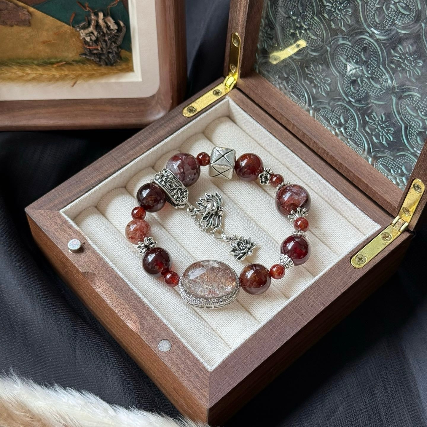 Red Garnet and Hematoid Quartz Bracelet with Phantom Quartz