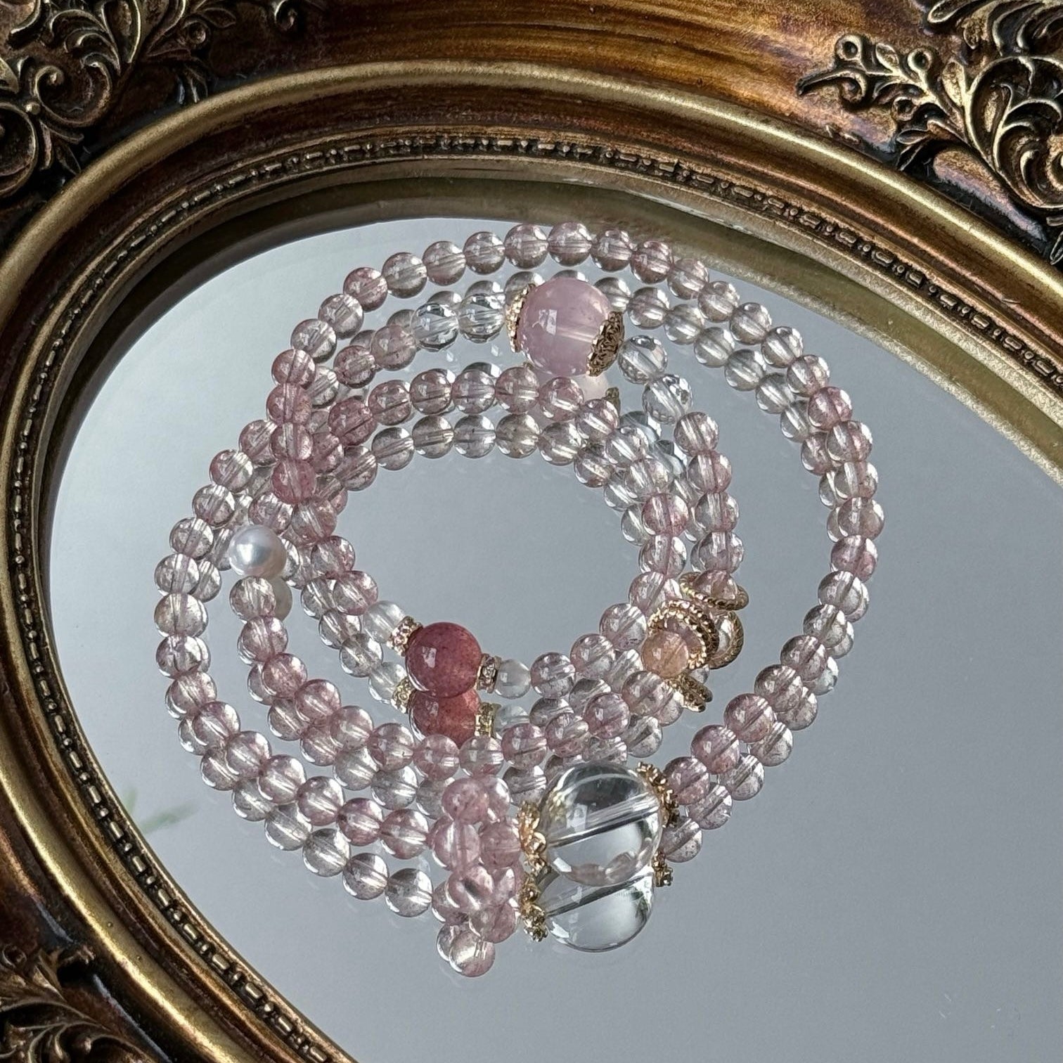 Strawberry Quartz and Rose Quartz Bracelet with Natural Pearl