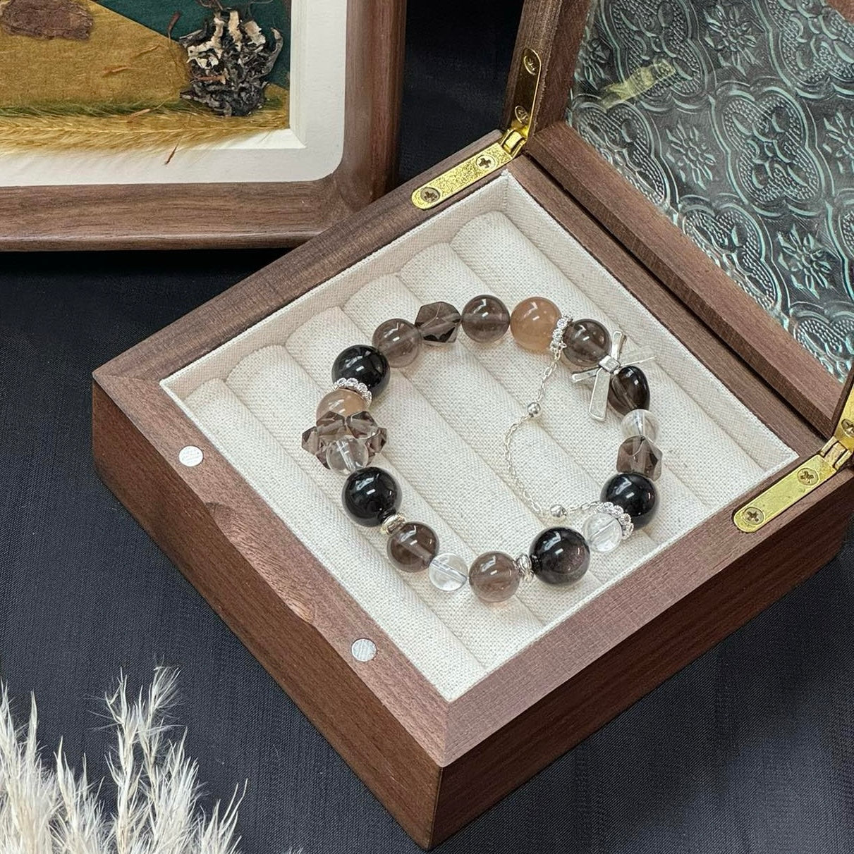 Silver Obsidian and Smoky Quartz Bracelet with Peach Moonstone