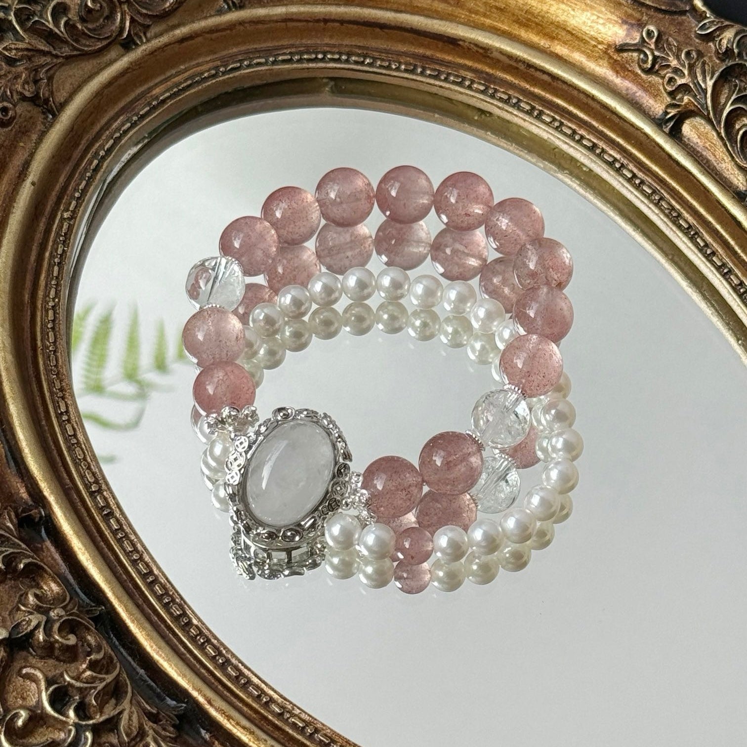 Strawberry Quartz and Phantom Crystal Bracelet with Natural Pearl