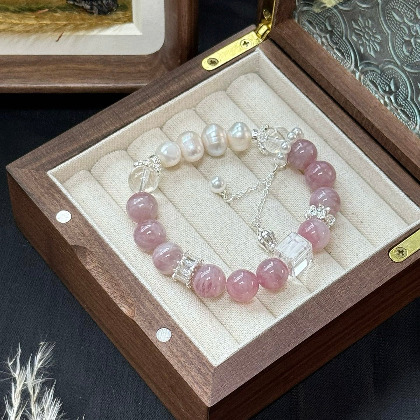 Madagascar Rose Quartz and Clear Quartz Bracelet with Natural Pearl