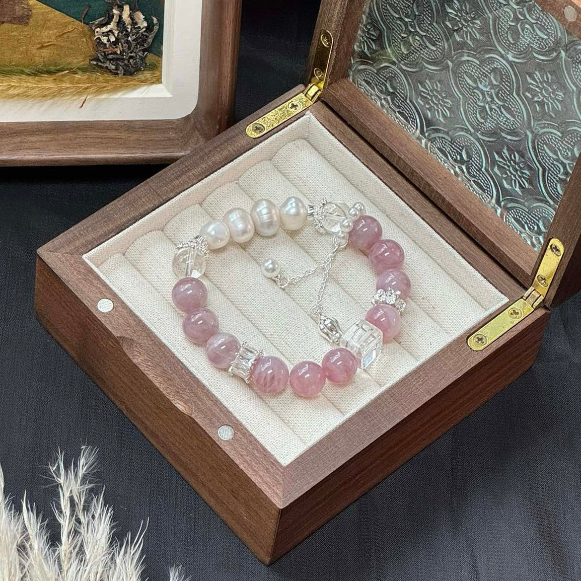 Madagascar Rose Quartz and Clear Quartz Bracelet with Natural Pearl