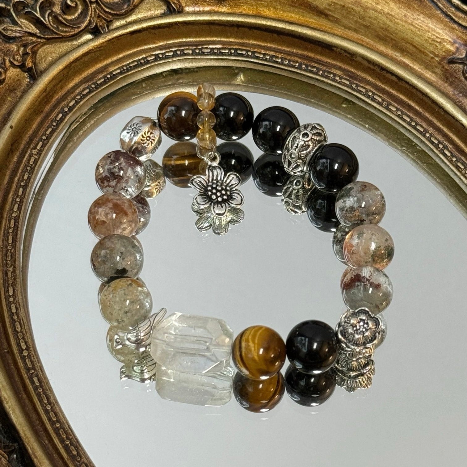 Golden Tiger's Eye and Phantom Quartz Bracelet with Obsidian