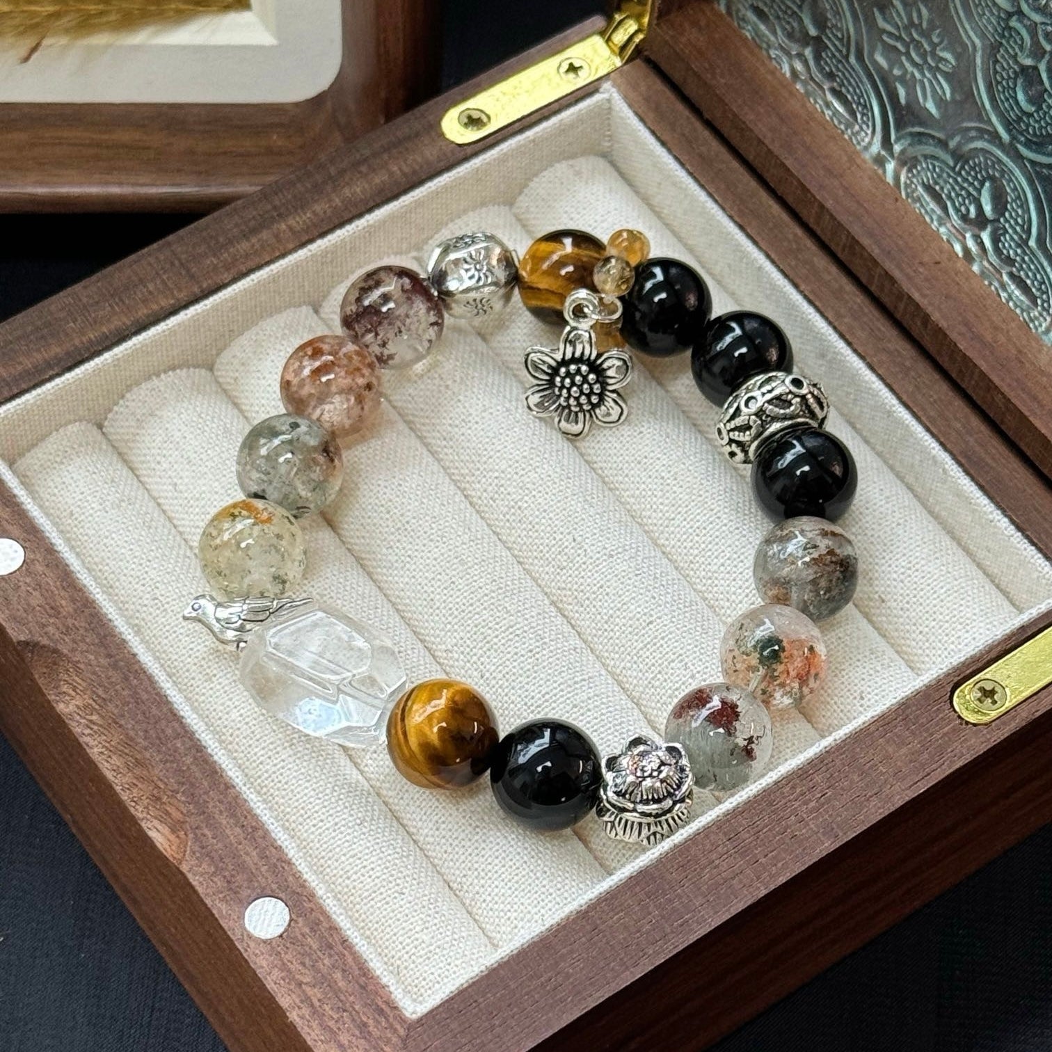 Golden Tiger's Eye and Phantom Quartz Bracelet with Obsidian