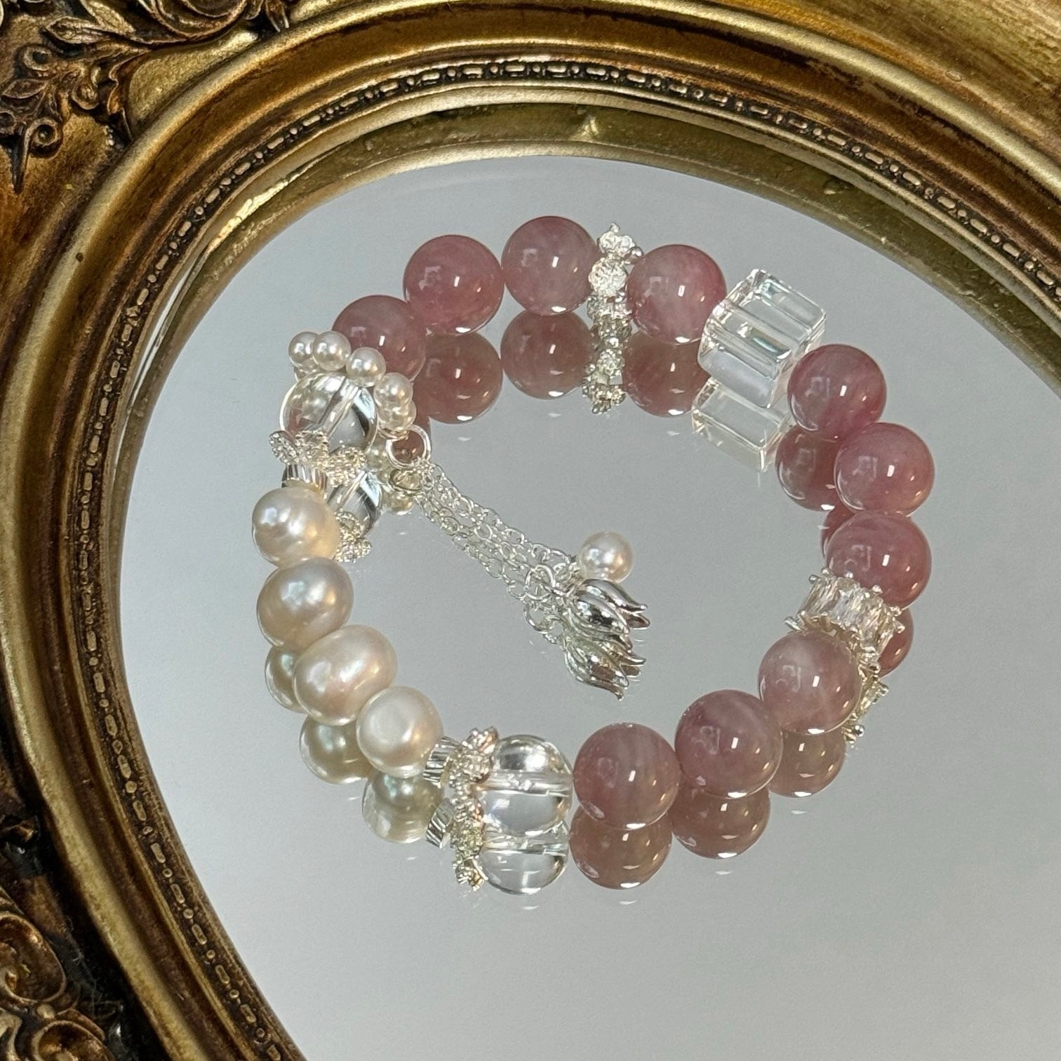 Madagascar Rose Quartz and Clear Quartz Bracelet with Natural Pearl