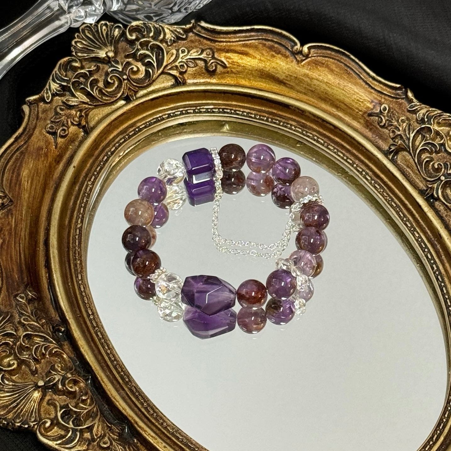 Purple Phantom Quartz and Amethyst Bracelet with White Azeztulite