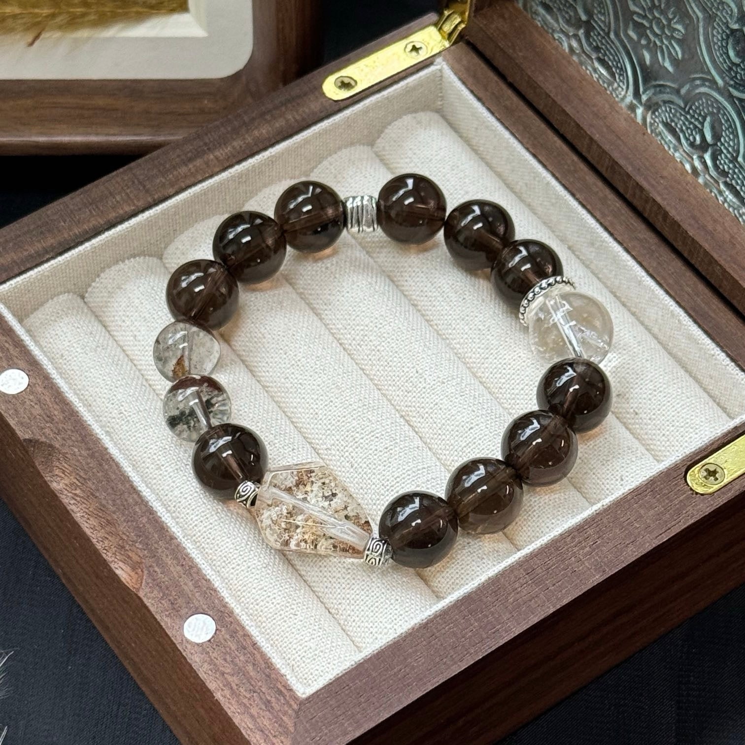 Smoky Quartz and Phantom Crystal Bracelet with White Azeztulite