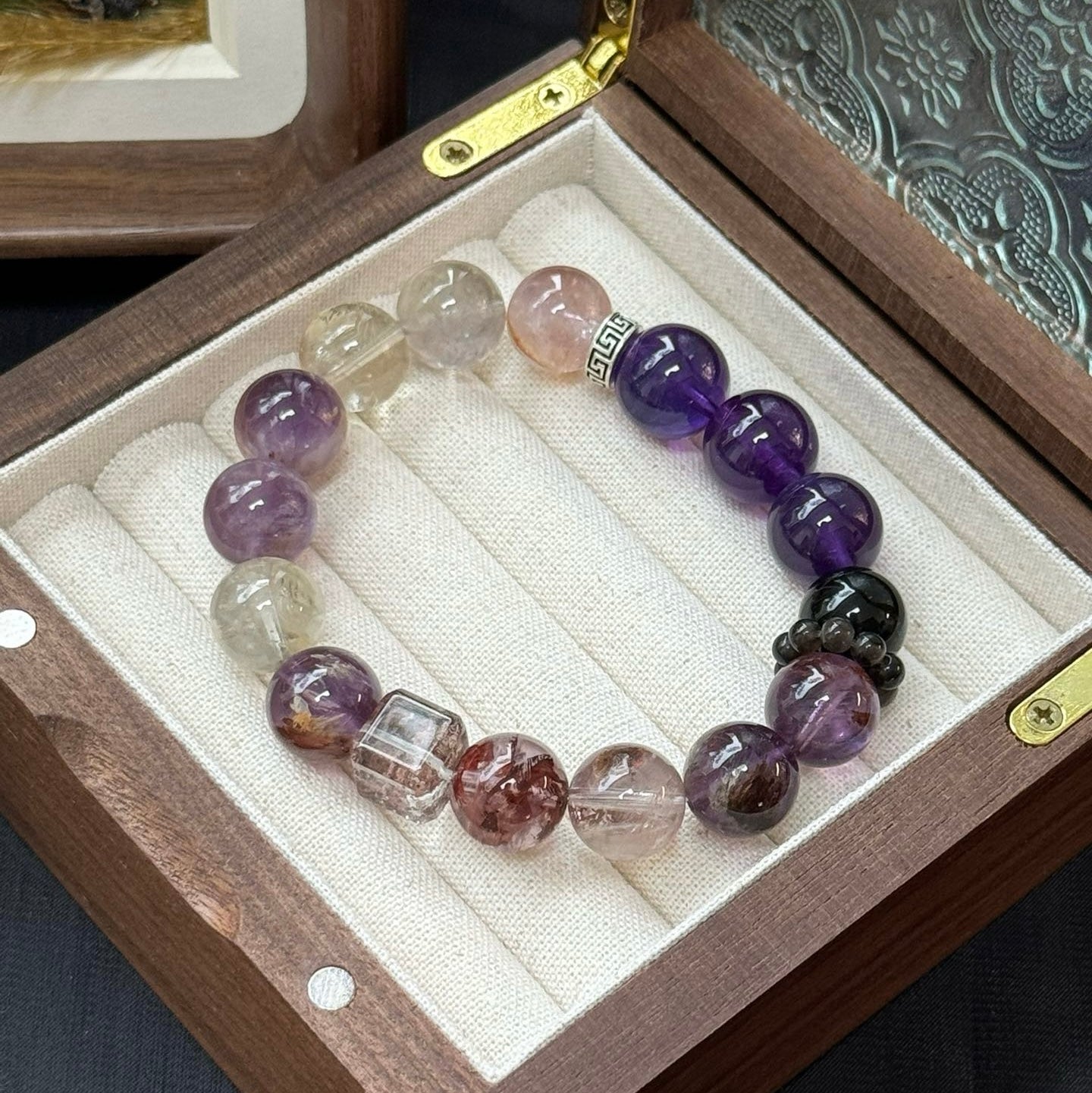 Amethyst and Purple Phantom Quartz Bracelet with Obsidian