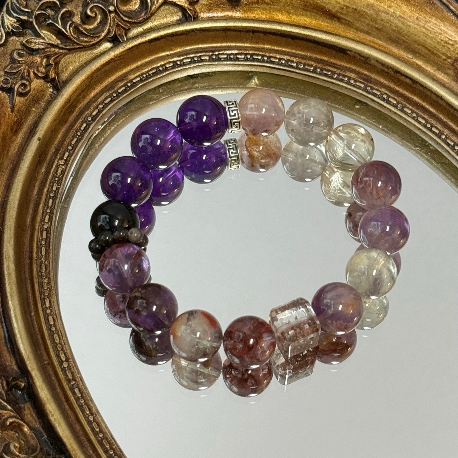 Amethyst and Purple Phantom Quartz Bracelet with Obsidian