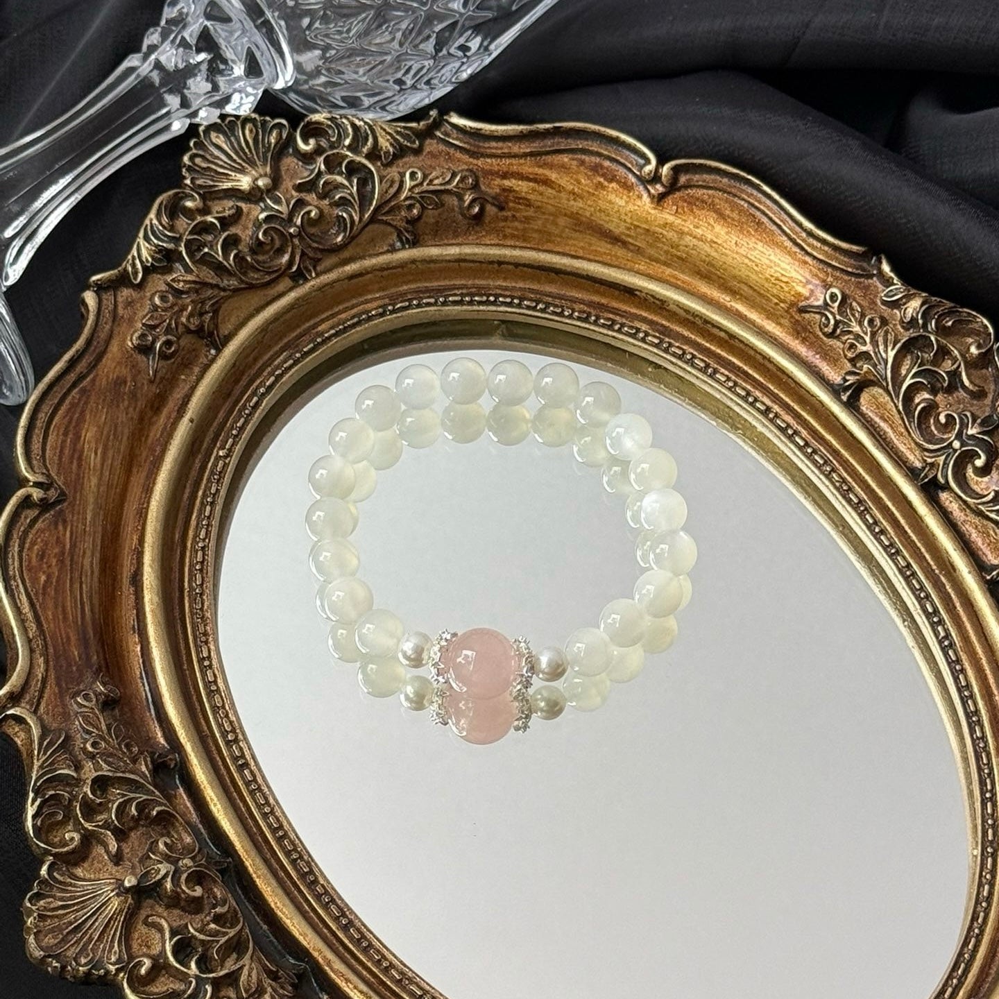 Wihte Moonstone and Rose Quartz Bracelet with Natural Pearl