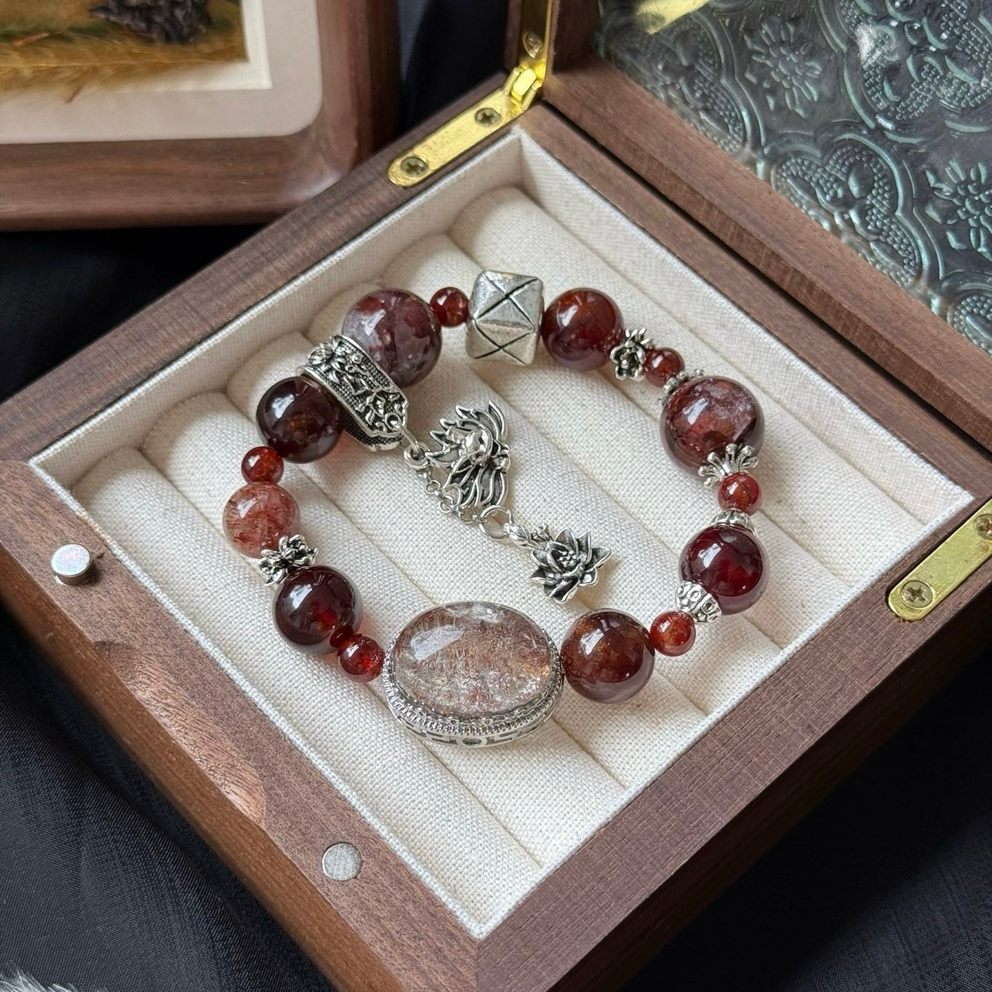 Red Garnet and Hematoid Quartz Bracelet with Phantom Quartz