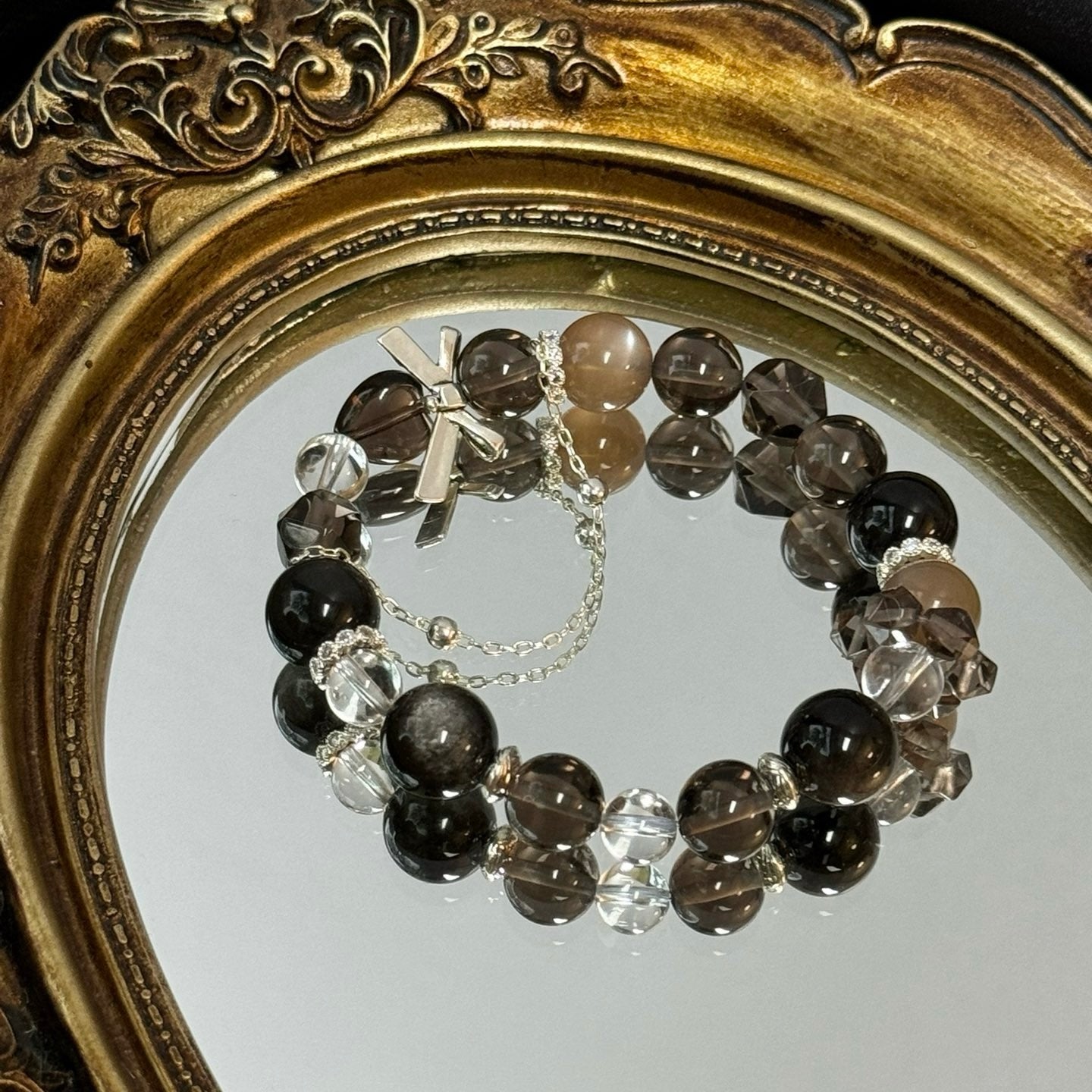 Silver Obsidian and Smoky Quartz Bracelet with Peach Moonstone