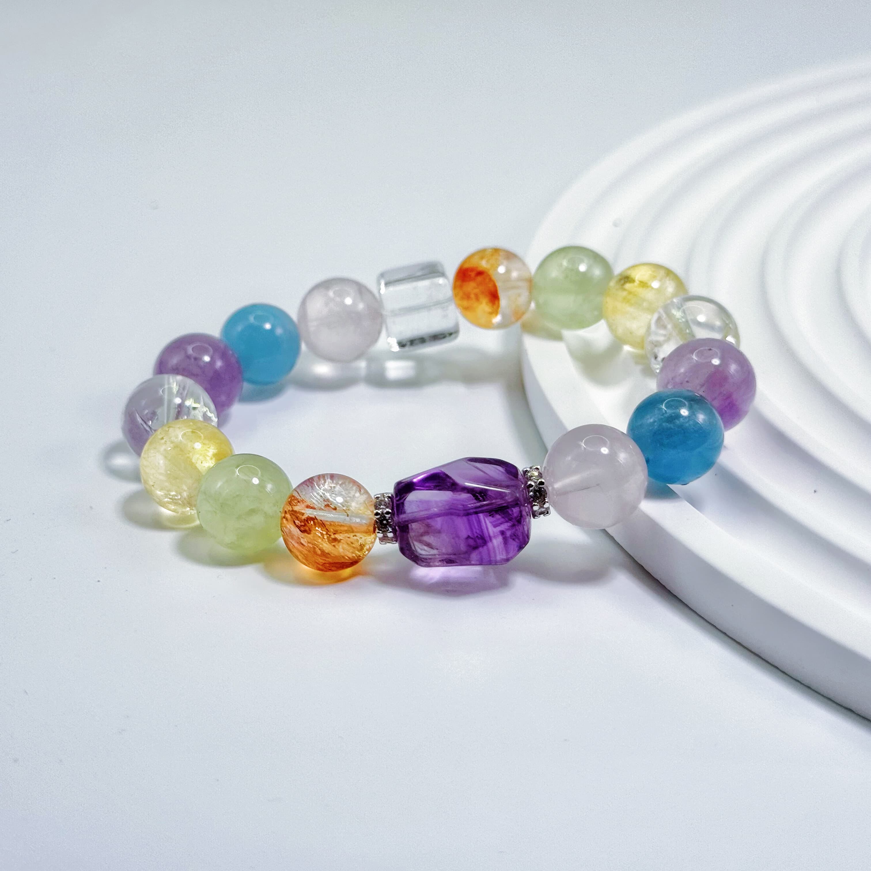 Multicolor Bracelet with Aquamarine, Azeztulite, and Phantom Quartz