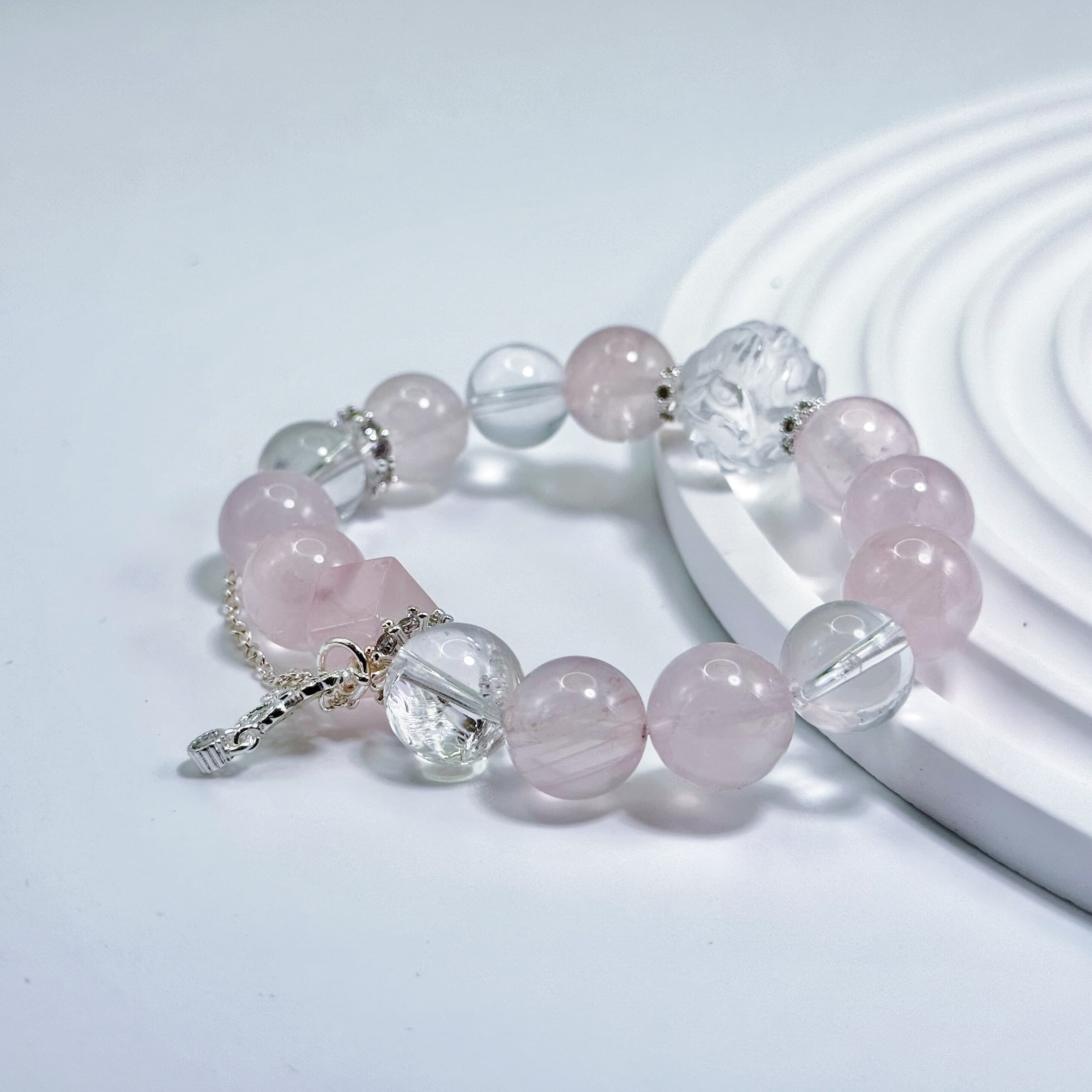 Rose Quartz and Clear Quartz Bracelet with White Azeztulite