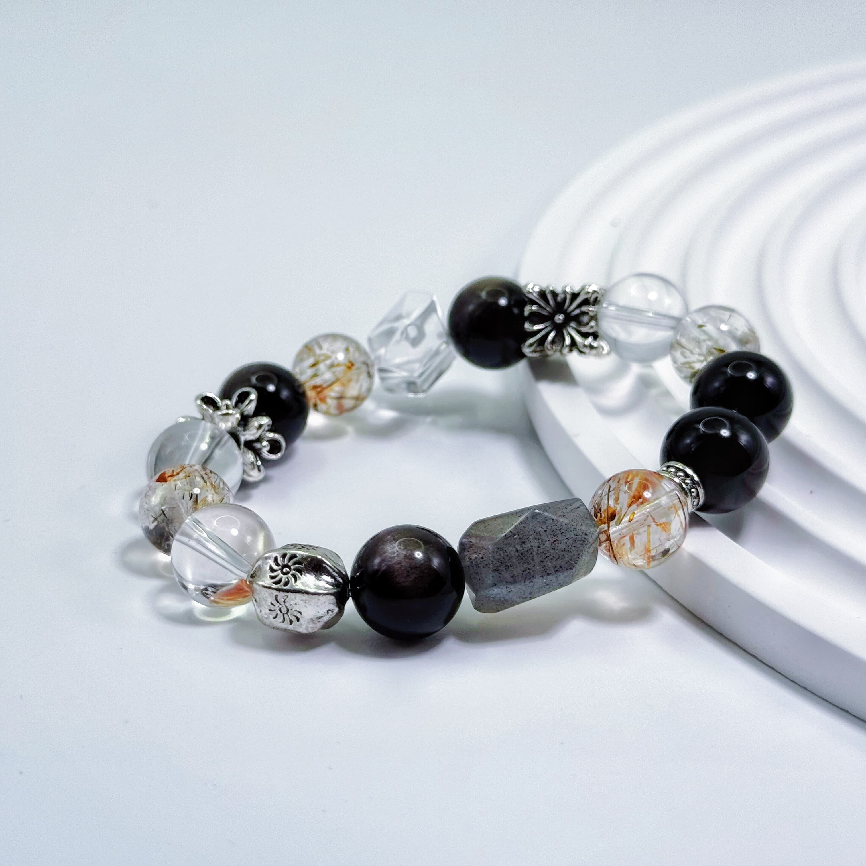 Silver Obsidian and Tourmaline Quartz Bracelet with Clear Quartz