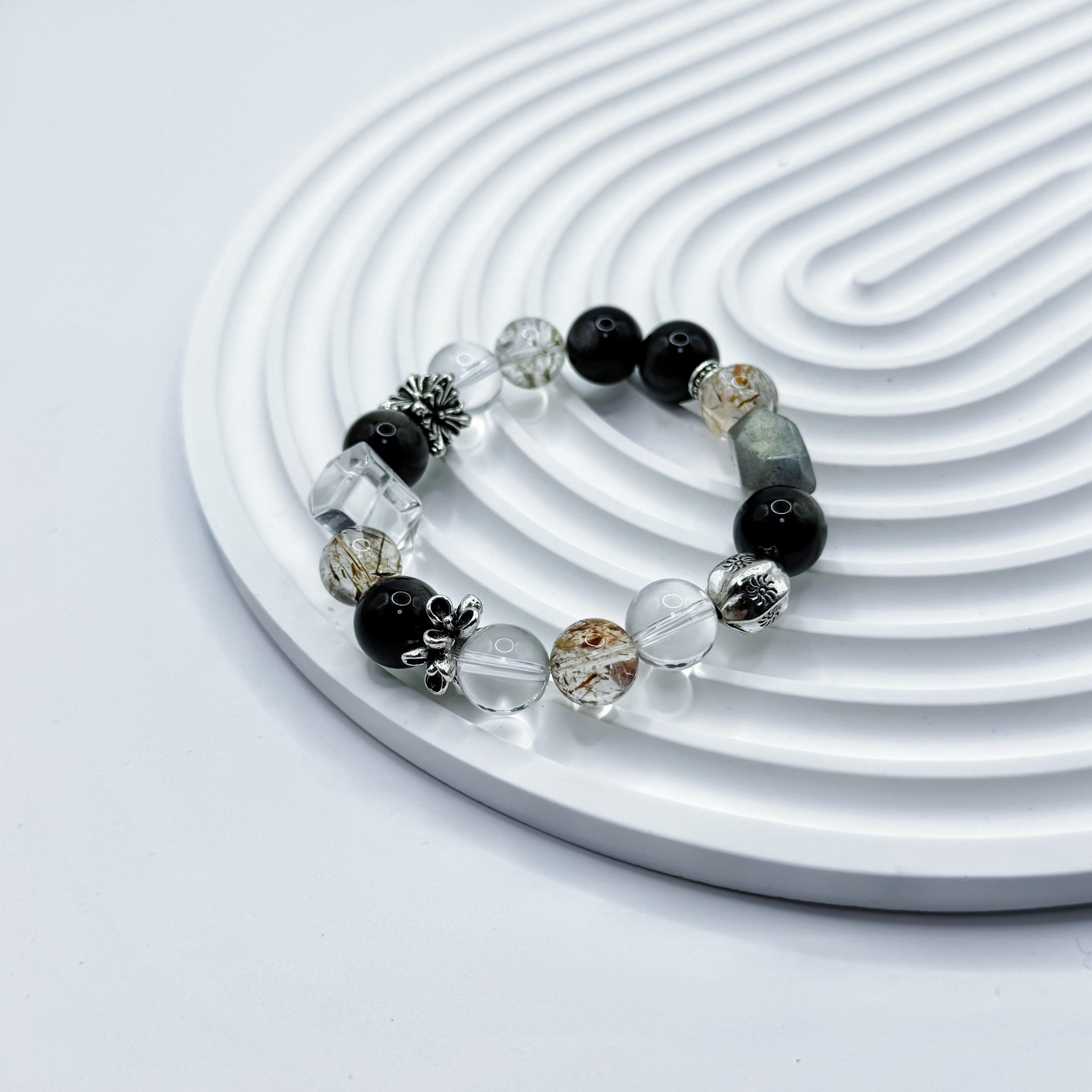 Silver Obsidian and Tourmaline Quartz Bracelet with Clear Quartz