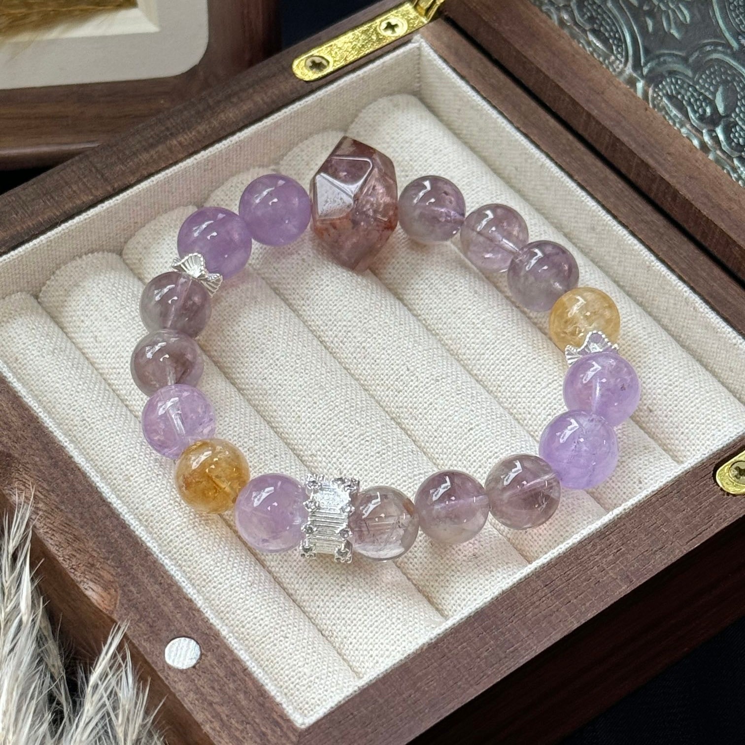 Purple Phantom Quartz and Lavender Amethyst Bracelet with Yellow Creastly